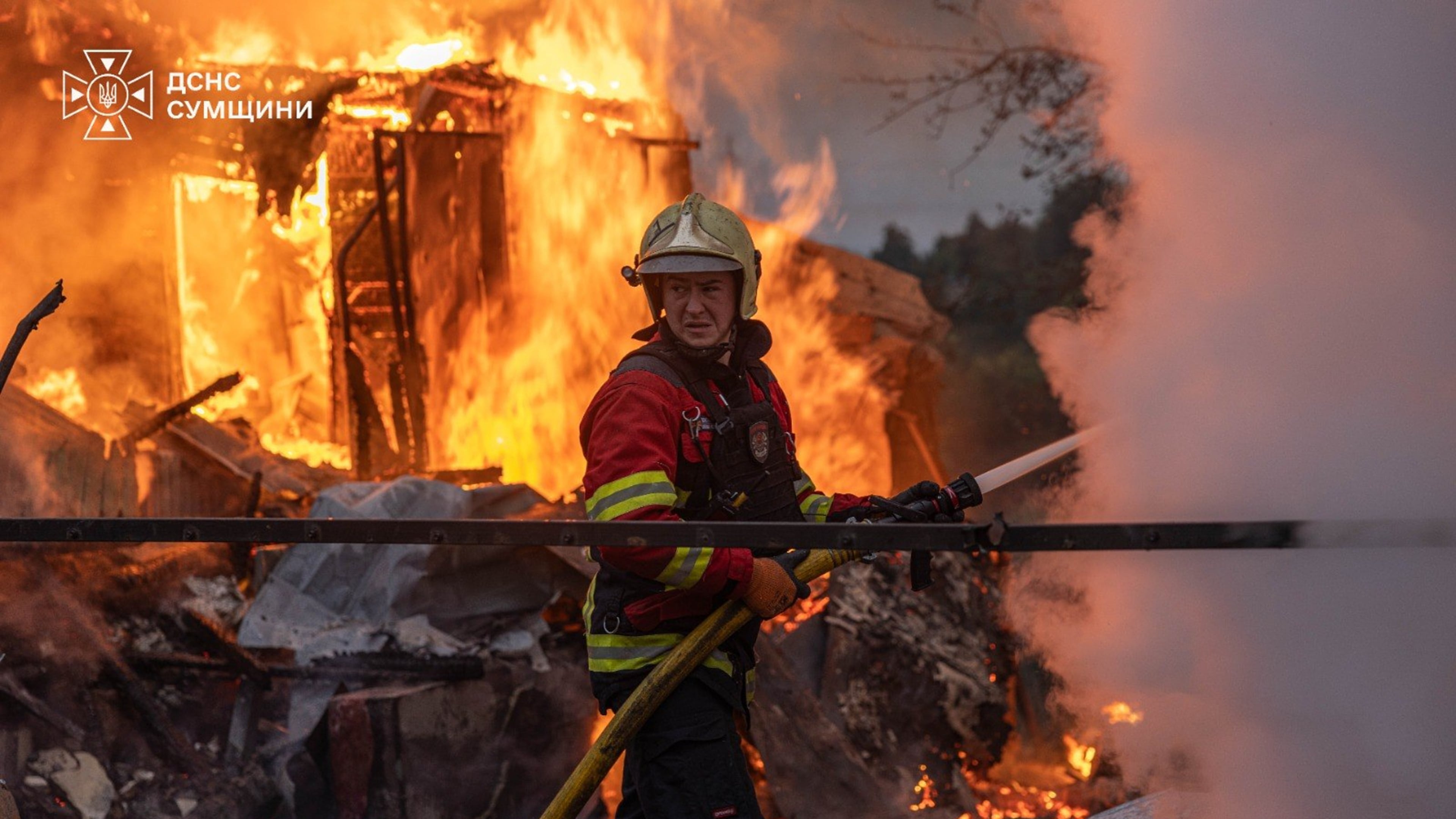 In this photo provided by the Ukrainian Emergency Service, firefighters put out a fire at private homes following a Russian air attack in Sumy, Ukraine, Wednesday, Sept. 16, 2026. (Ukrainian Emergency Service via AP)