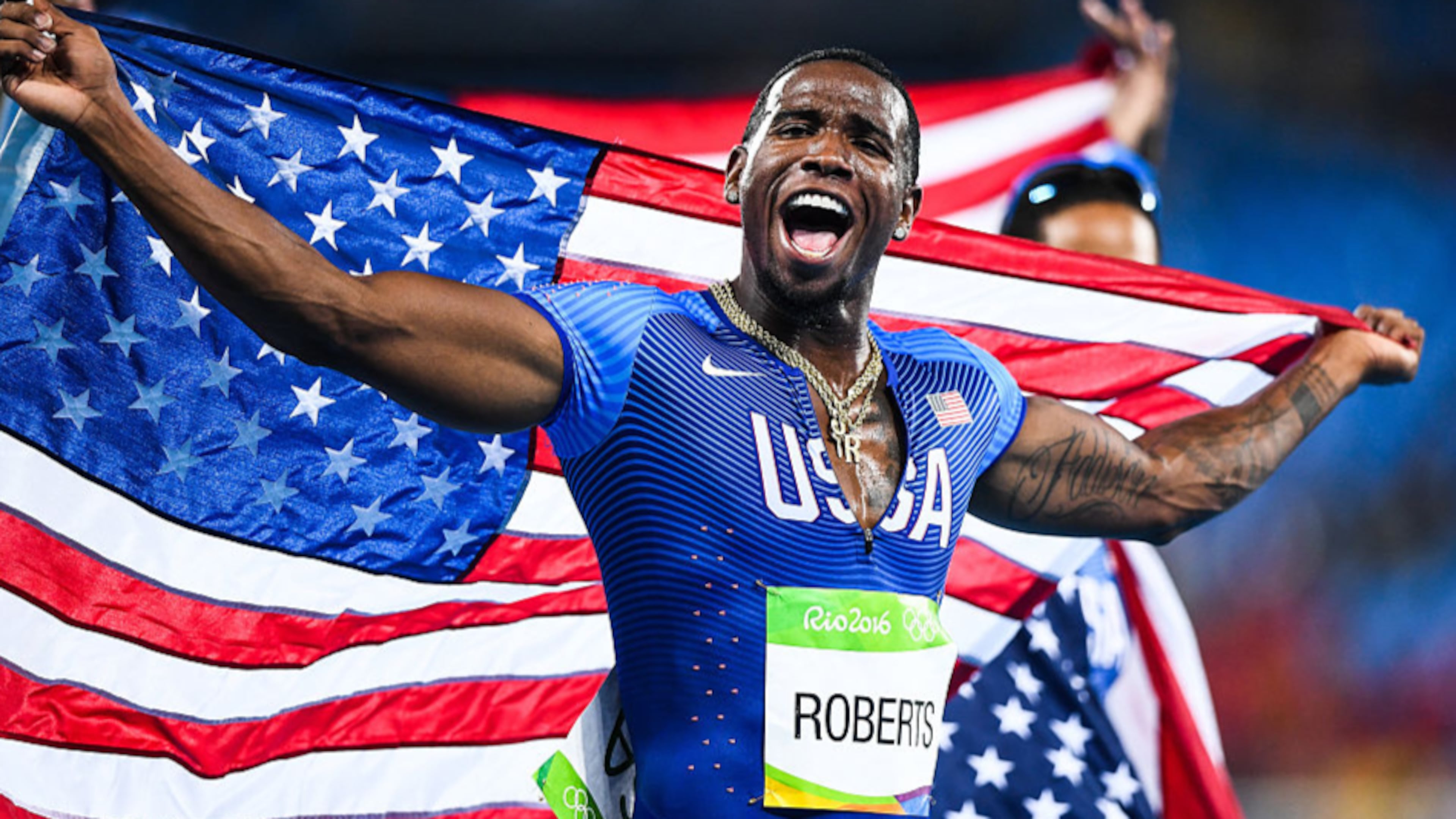 Gil Roberts celebrated after he helped the United States take gold in the men's 4-by-400 meter final at last year's Summer Olympics.