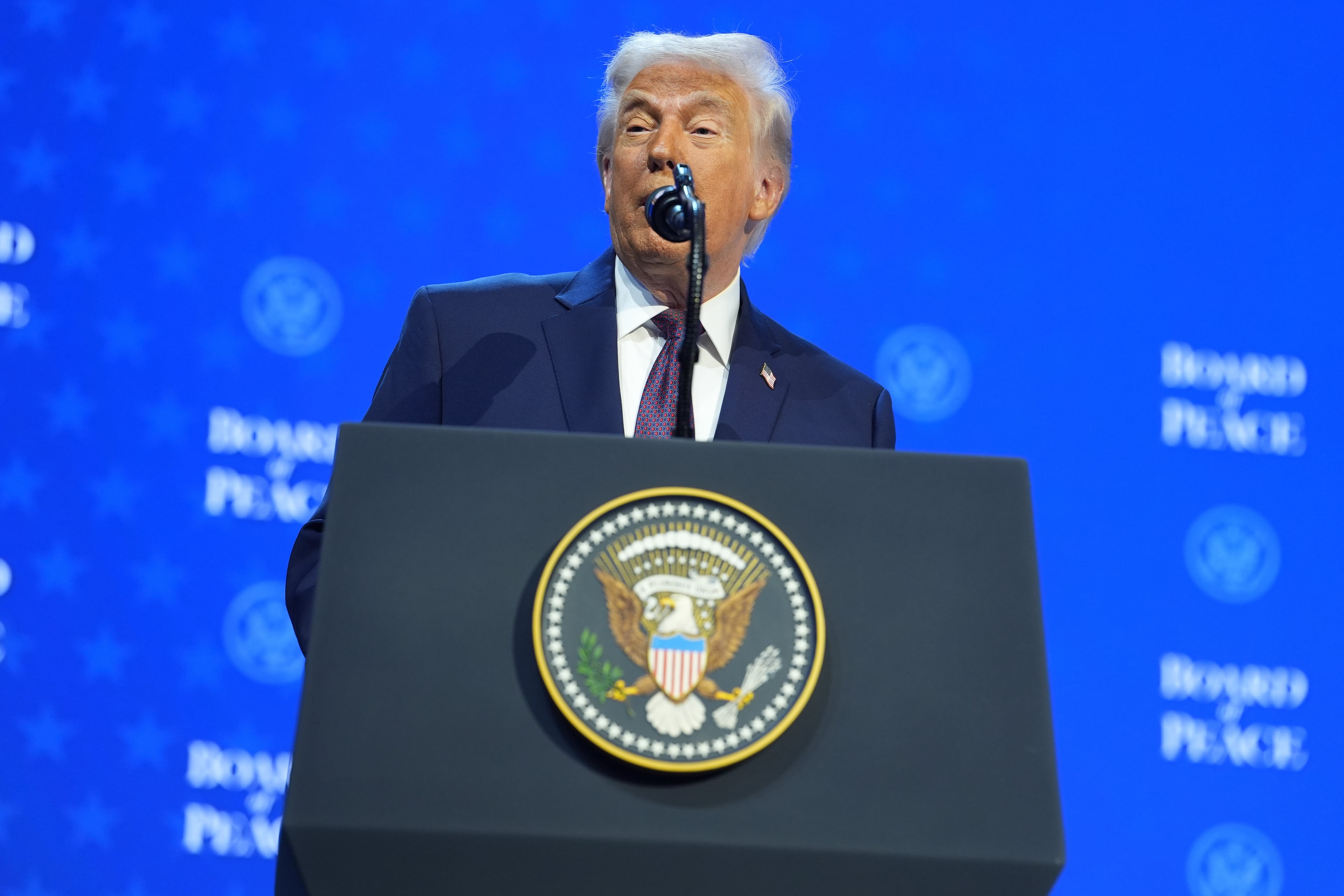 President Donald Trump speaks during a Board of Peace charter announcement during the Annual Meeting of the World Economic Forum in Davos, Switzerland, Thursday, Jan. 22, 2026. (Evan Vucci/AP)