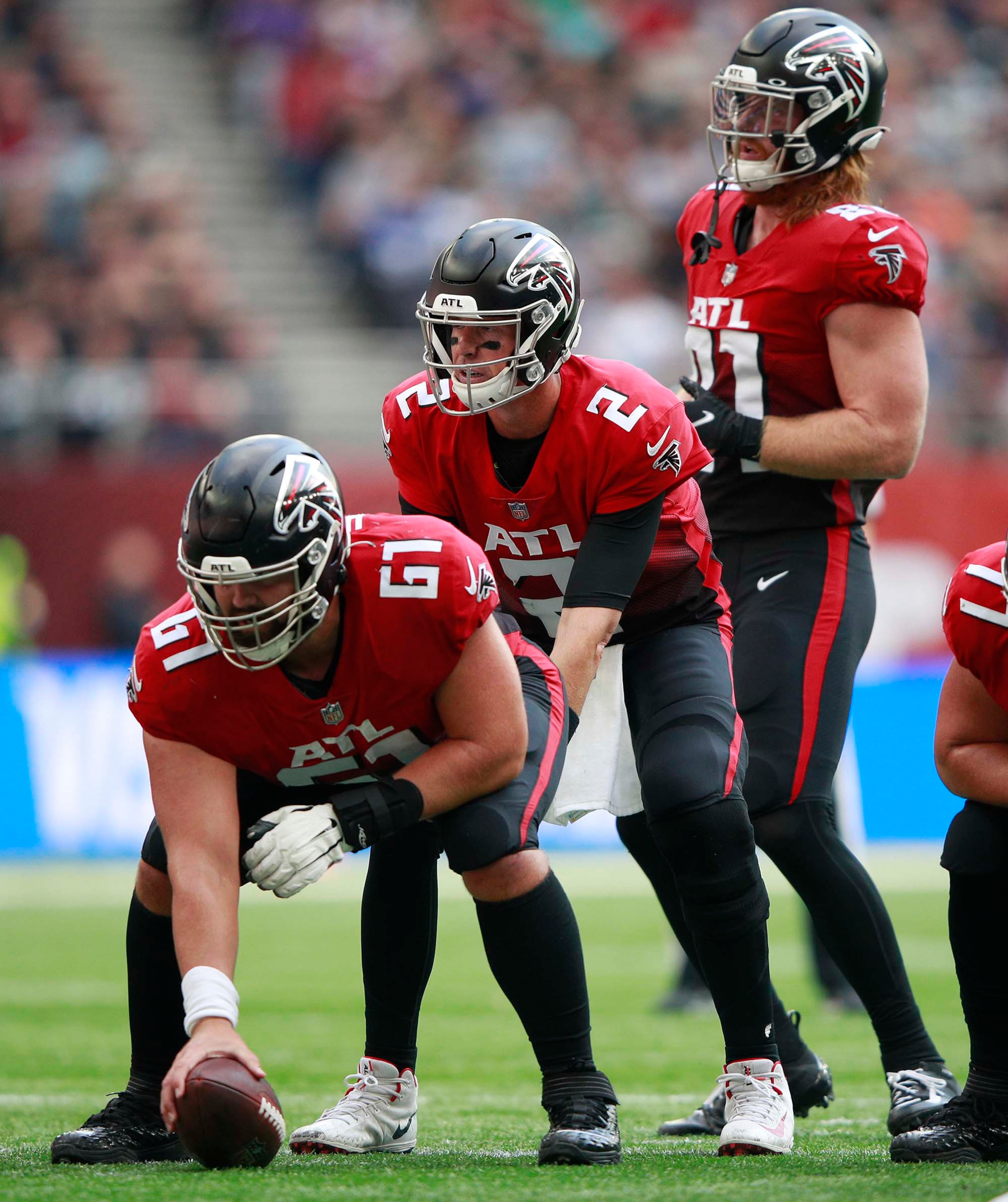 Falcons quarterback Matt Ryan (2) prepares to take the ball during the first half against the New York Jets Sunday, Oct. 10, 2021, at the Tottenham Hotspur stadium in London, England. (Ian Walton/AP)