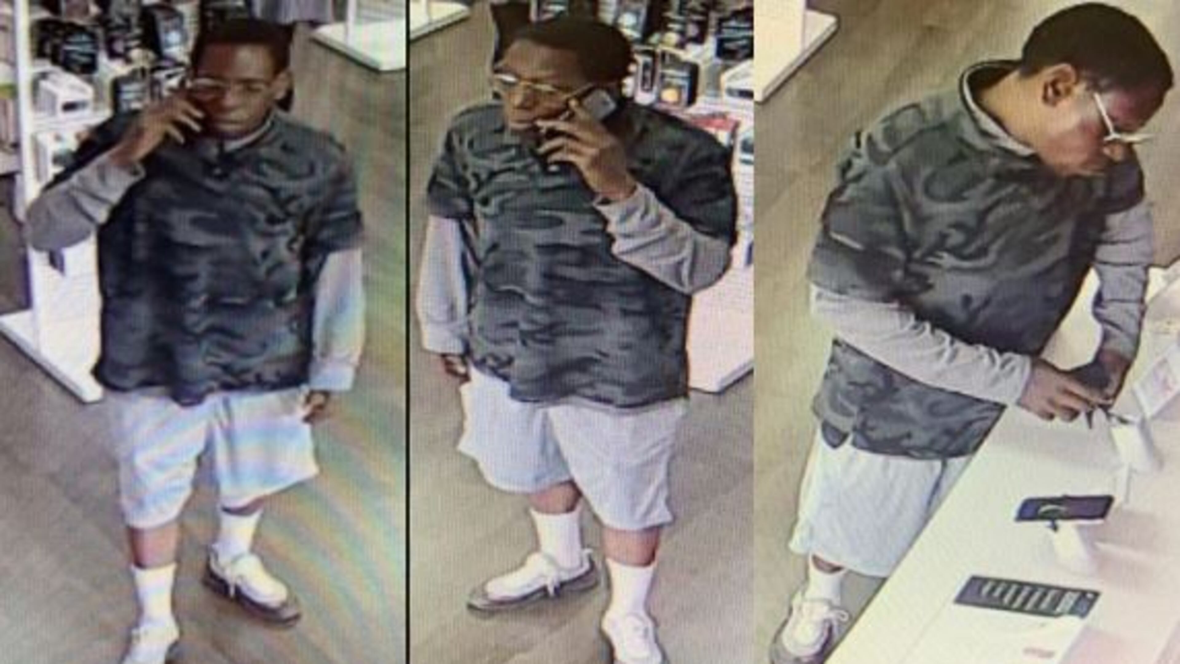 Surveillance footage captured a man using wire cutters to snip the security wires on iPhones at a T-Mobile store’s display counter.