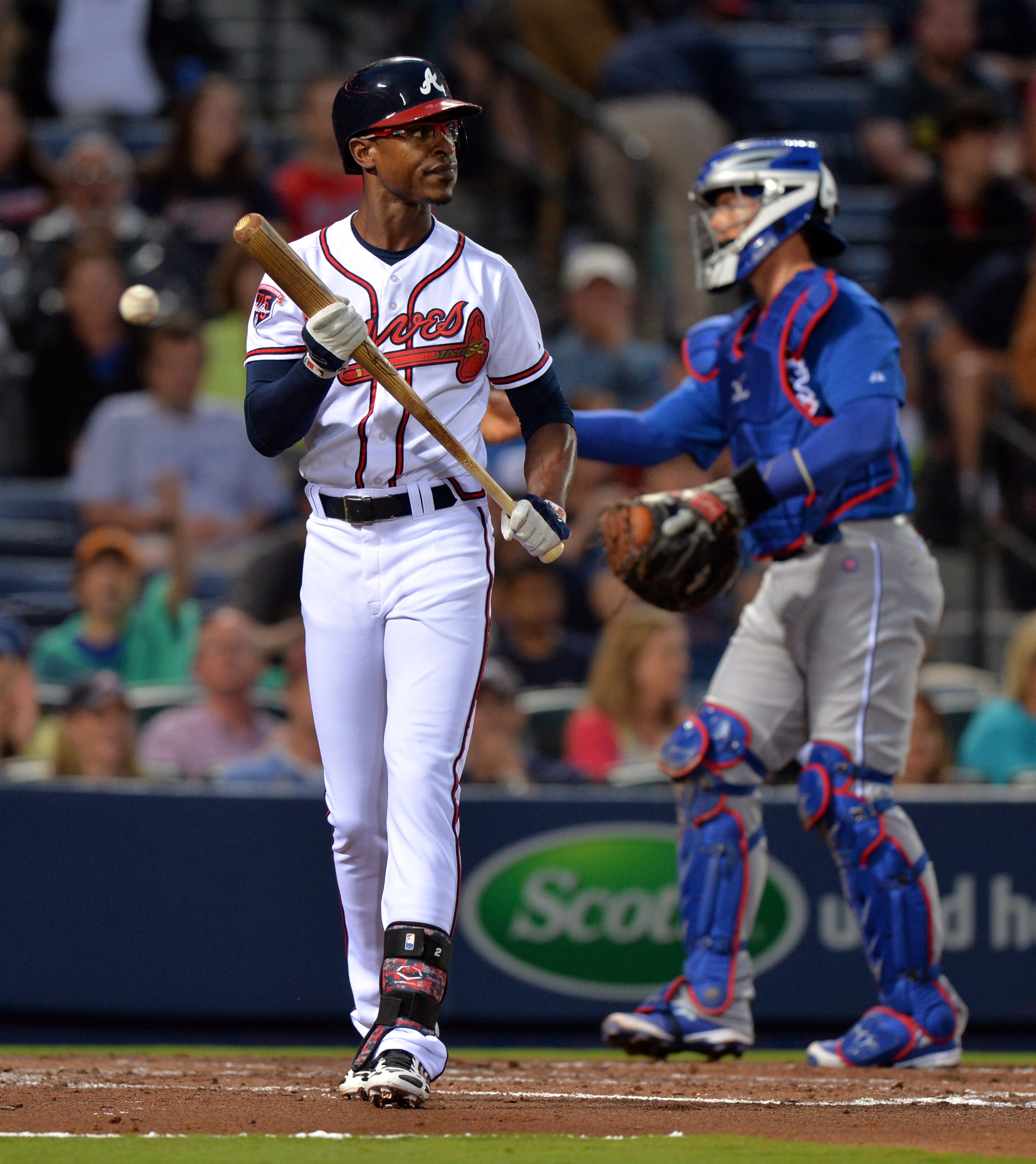 Atlanta Braves B.J. Upton reacts after striking out with the bases loaded in the 2nd inning against the Chicago Cubs Friday May 9, 2014. BRANT SANDERLIN /BSANDERLIN@AJC.COM