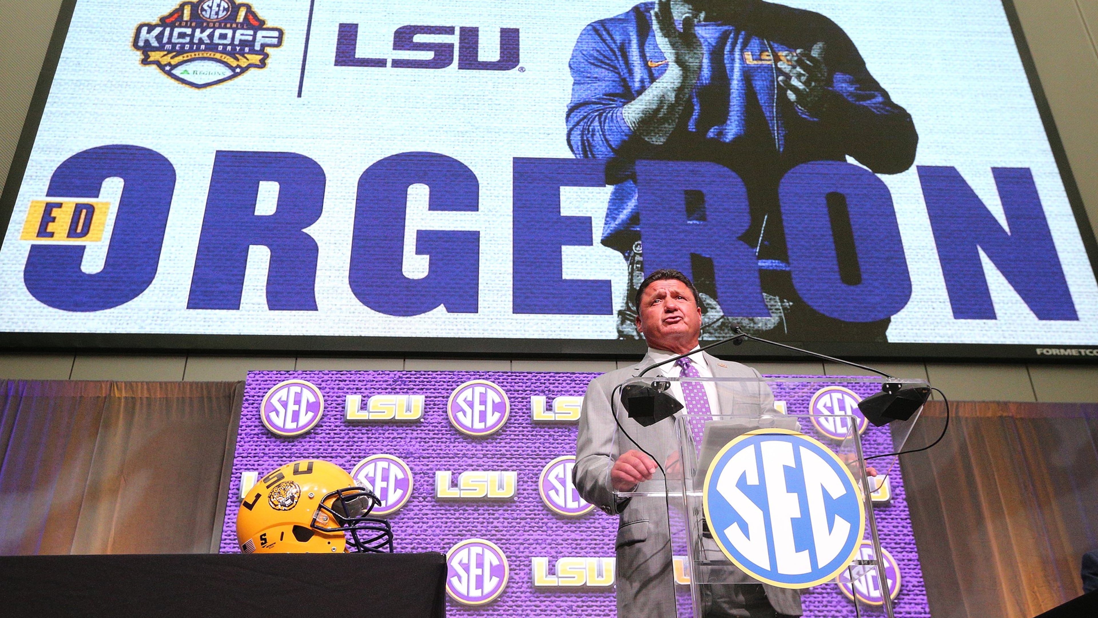 July 16, 2018 Atlanta: LSU head football coach Ed Orgeron holds his SEC Media Days press conference at the College Football Hall of Fame on Monday, July 16, 2018, in Atlanta. Curtis Compton/ccompton@ajc.com