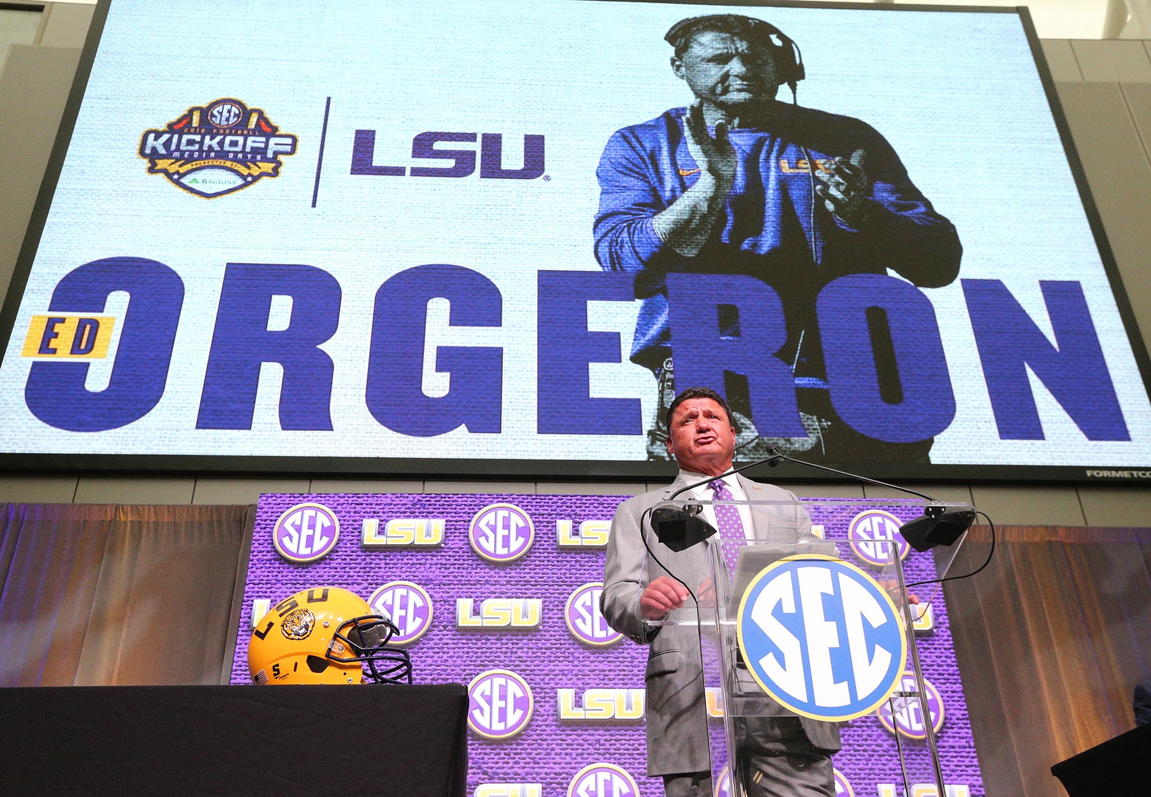 July 16, 2018 Atlanta: LSU head football coach Ed Orgeron holds his SEC Media Days press conference at the College Football Hall of Fame on Monday, July 16, 2018, in Atlanta. Curtis Compton/ccompton@ajc.com