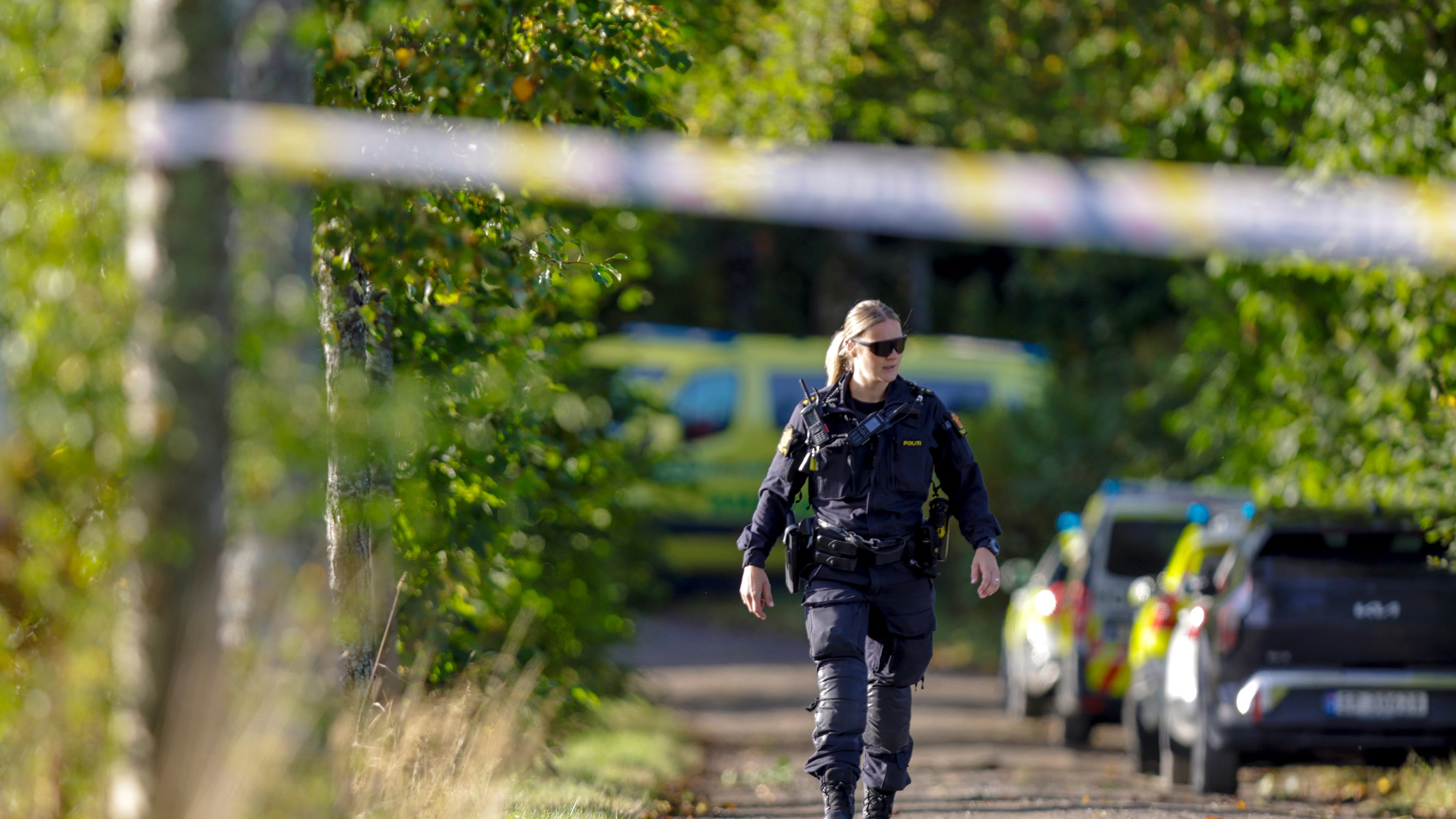 Emergency services secure the site after a person opened fire against a group of people, in Halden, Norway, Sunday Oct. 4, 2026. (Christoffer Andersen/NTB Scanpix via AP)