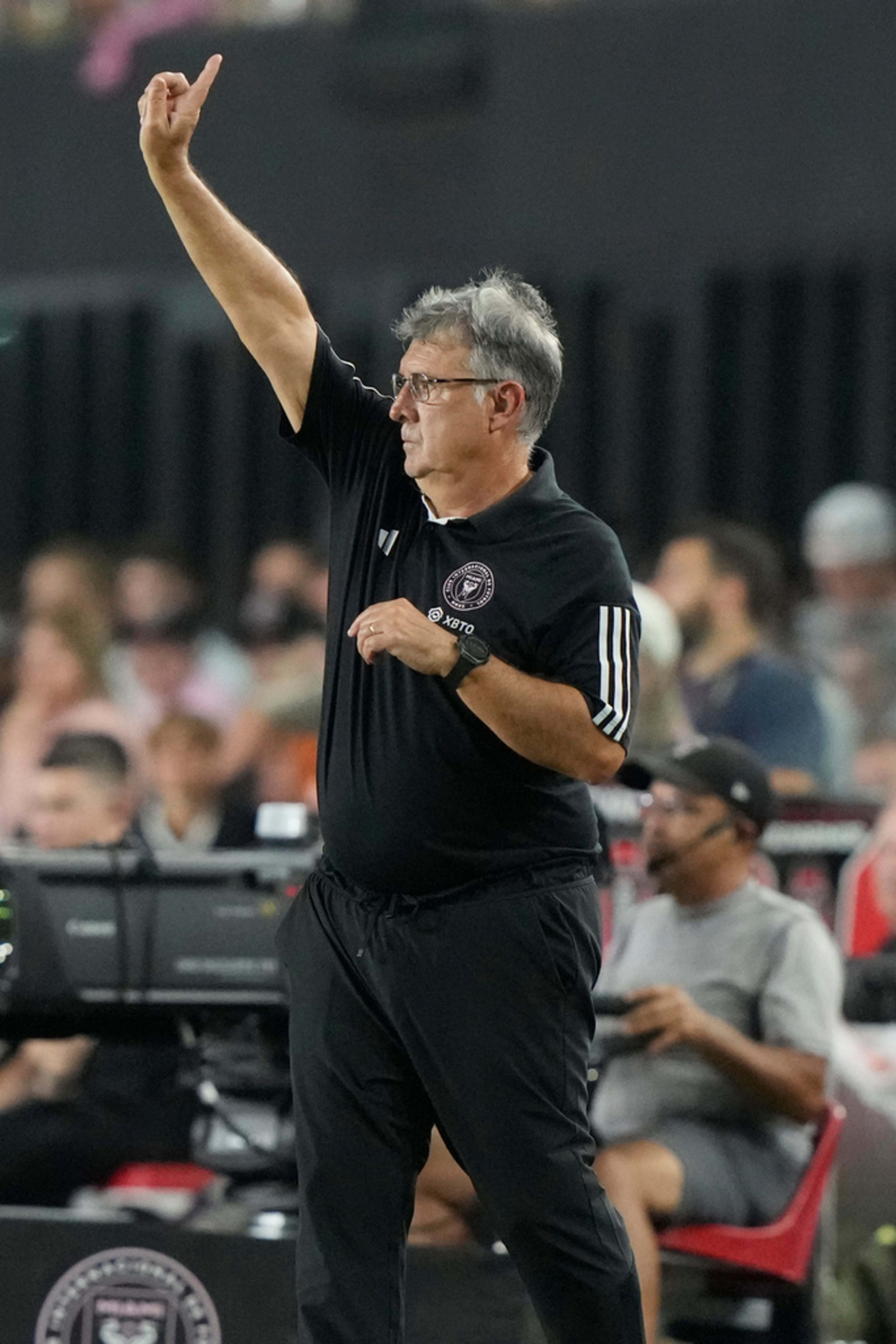 Inter Miami head coach Gerardo "Tata" Martino gestures during the second half of a Leagues Cup soccer match against Atlanta United, Tuesday, July 25, 2023, in Fort Lauderdale, Fla. (AP Photo/Lynne Sladky)