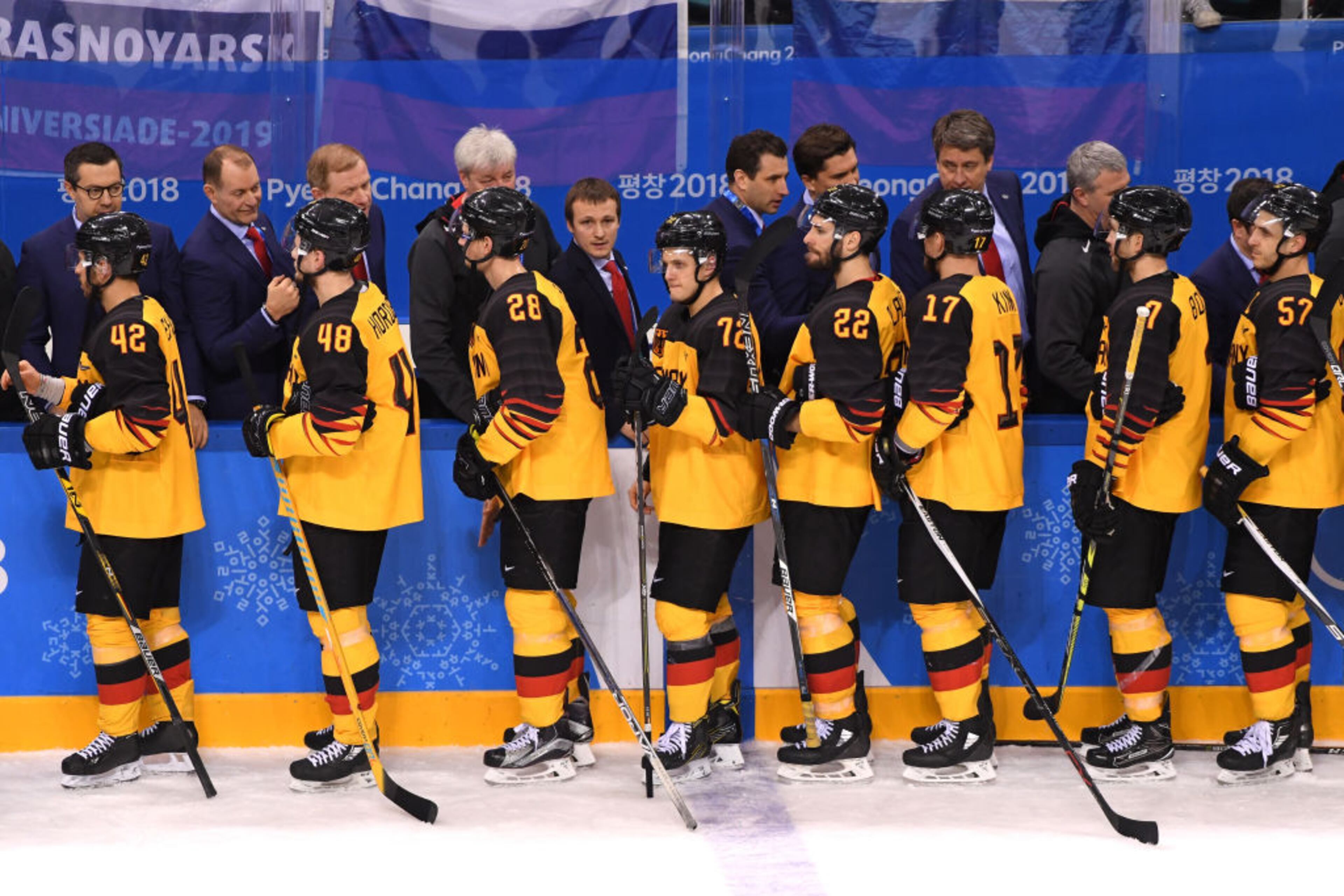 GANGNEUNG, SOUTH KOREA - FEBRUARY 25: Silver medal winners Germany look on after being defeated by Olympic Athletes from Russia 4-3 in overtime during the Men's Gold Medal Game on day sixteen of the PyeongChang 2018 Winter Olympic Games at Gangneung Hockey Centre on February 25, 2018 in Gangneung, South Korea. (Photo by Harry How/Getty Images)