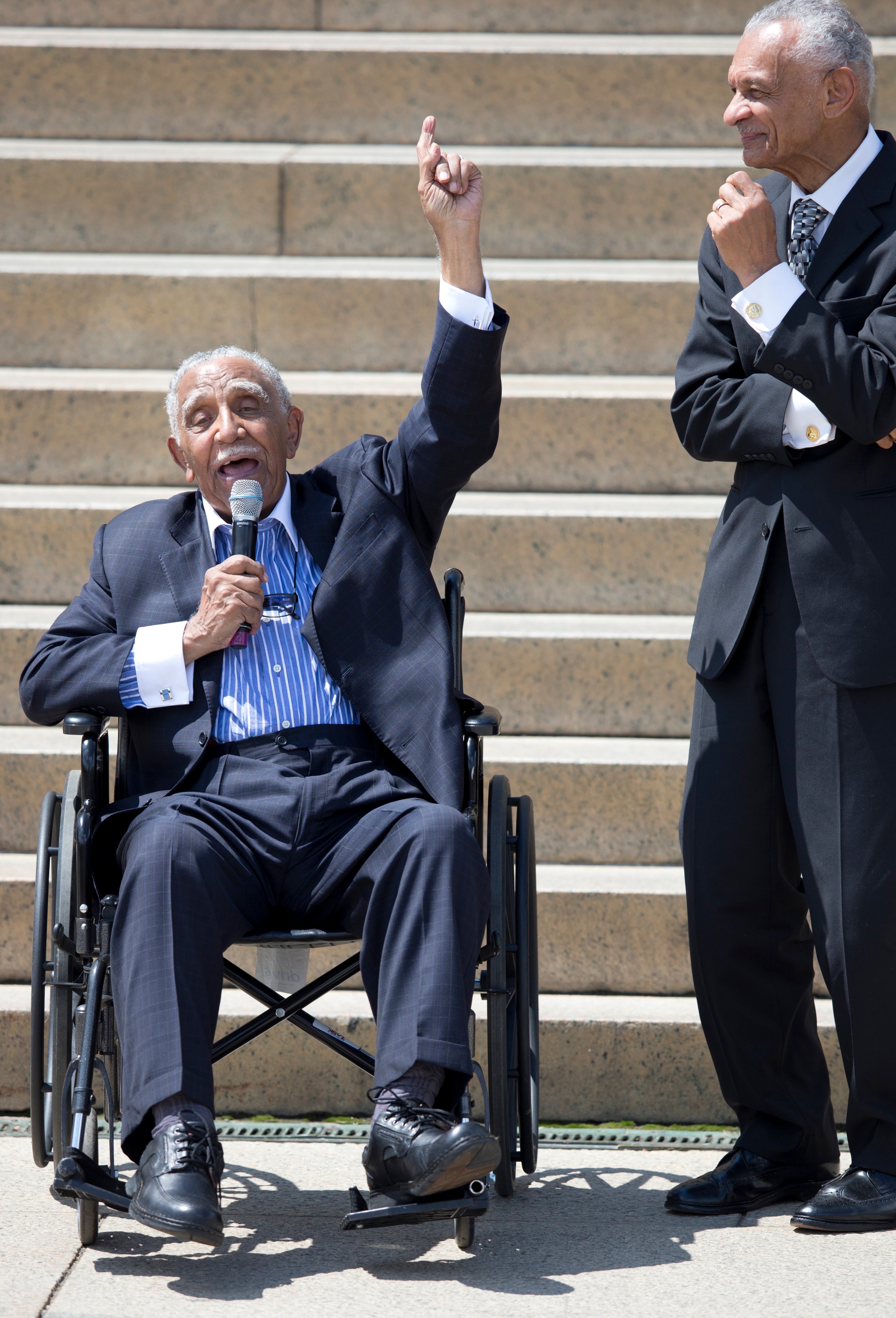 Civil rights leaders Rev. Joseph Lowery, left, and Julian Bond participate in the 50th anniversary commemoration of the 1963 March on Washington at the Lincoln Memorial, Saturday, Aug. 24, 2013, in Washington. Tens of thousands of people marched to the Martin Luther King Jr. Memorial and down the National Mall on Saturday, commemorating King's famous ""I Have a Dream" speech made during the Aug. 28, 1963, March on Washington, and pledging that his dream includes equality for gays, Latinos, the poor and the disabled. (AP Photo/Carolyn Kaster)