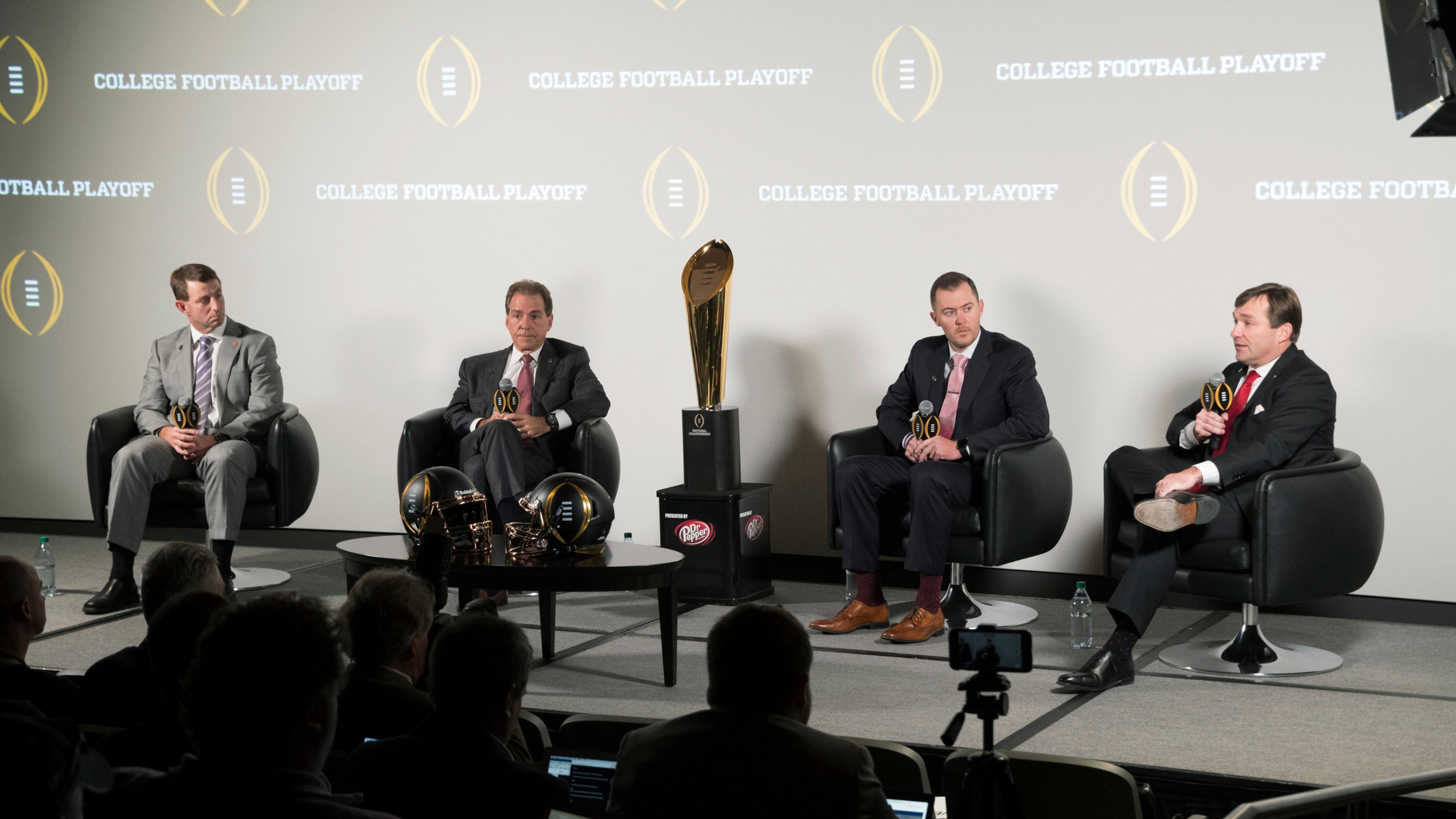 The coaches of the four teams in the college football playoff. From right: Georgia’s Kirby Smart, Oklahoma’s Lincoln Riley, Alabama’s Nick Saban and Clemson’s Dabo Swinney.