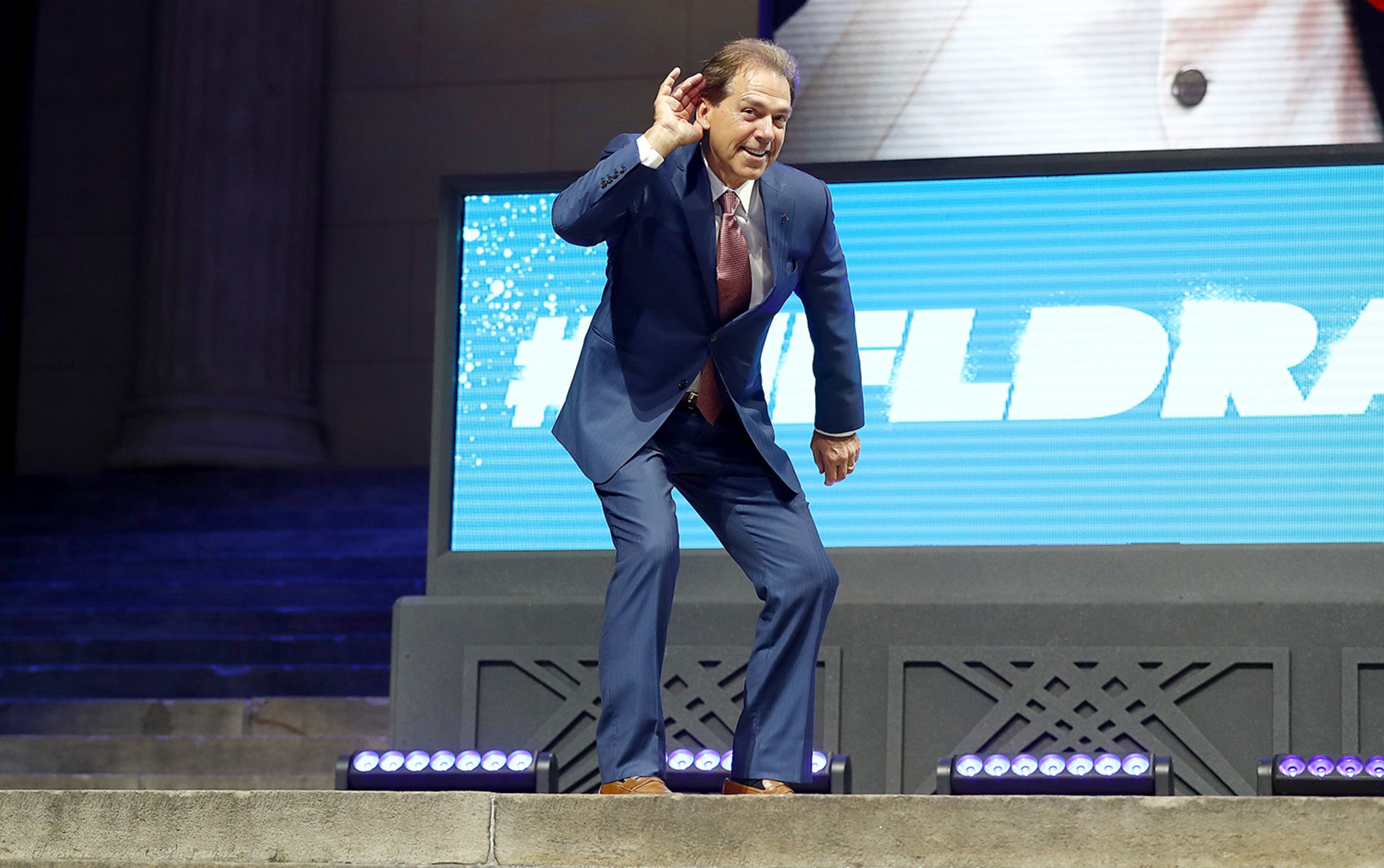 PHILADELPHIA, PA - APRIL 27: Nick Saban, head football coach at the University of Alabama, walks on stage prior to the first round of the 2017 NFL Draft at the Philadelphia Museum of Art on April 27, 2017 in Philadelphia, Pennsylvania. (Photo by Elsa/Getty Images)