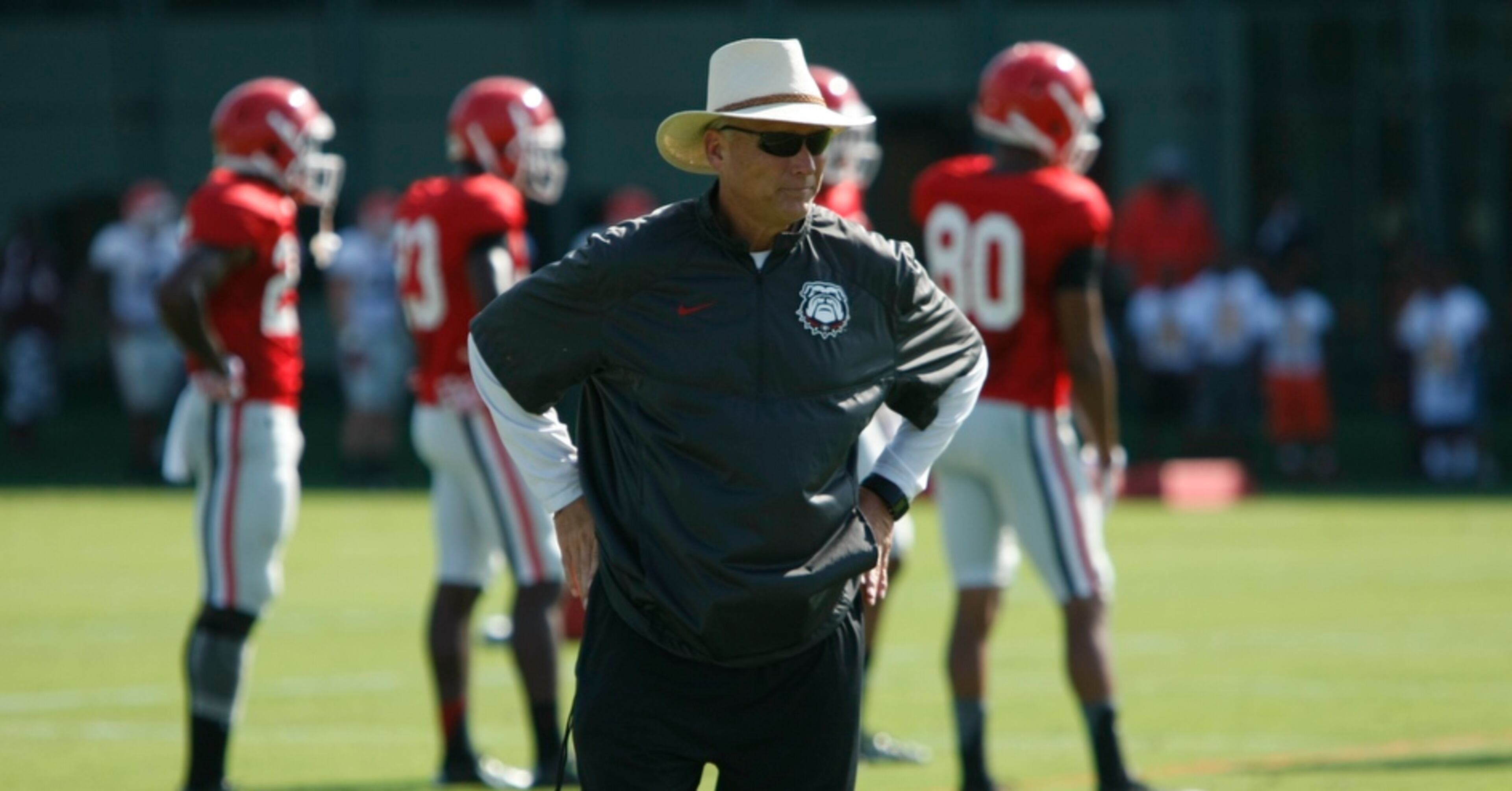 UGA head coach Mark Richt looks on during Tuesday's practice. Unlike most season's Richt may enter 2015 without announcing a starting quarterback.