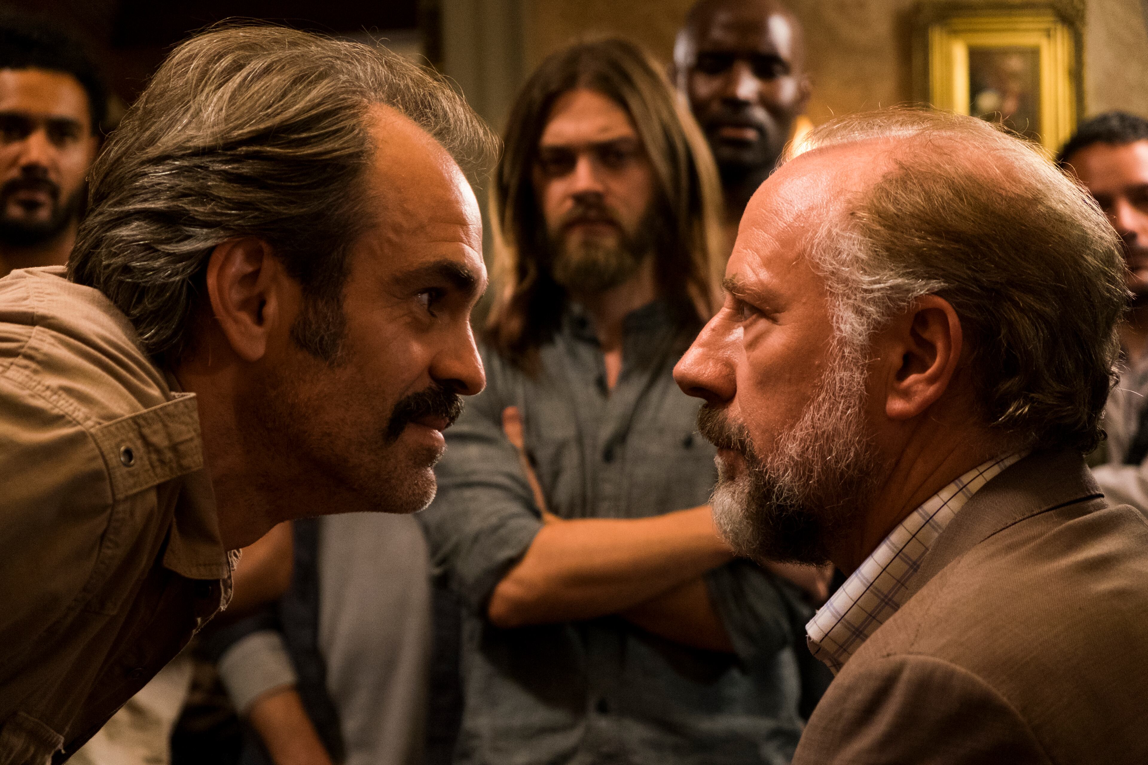 Xander Berkeley as Gregory, Tom Payne as Paul 'Jesus' Rovia, Steven Ogg as Simon - The Walking Dead _ Season 7, Episode 5 - Photo Credit: Gene Page/AMC