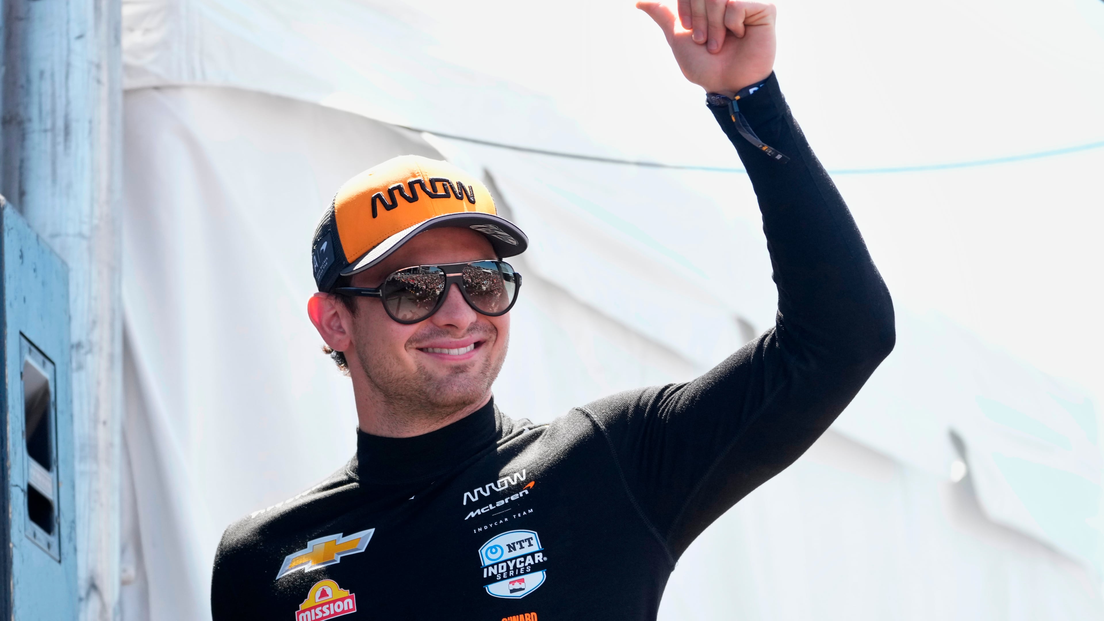 FILE - Pato O'Ward is introduced before an IndyCar auto race, Aug. 31, 2025, at Nashville Superspeedway in Lebanon, Tenn. (AP Photo/George Walker IV, File)