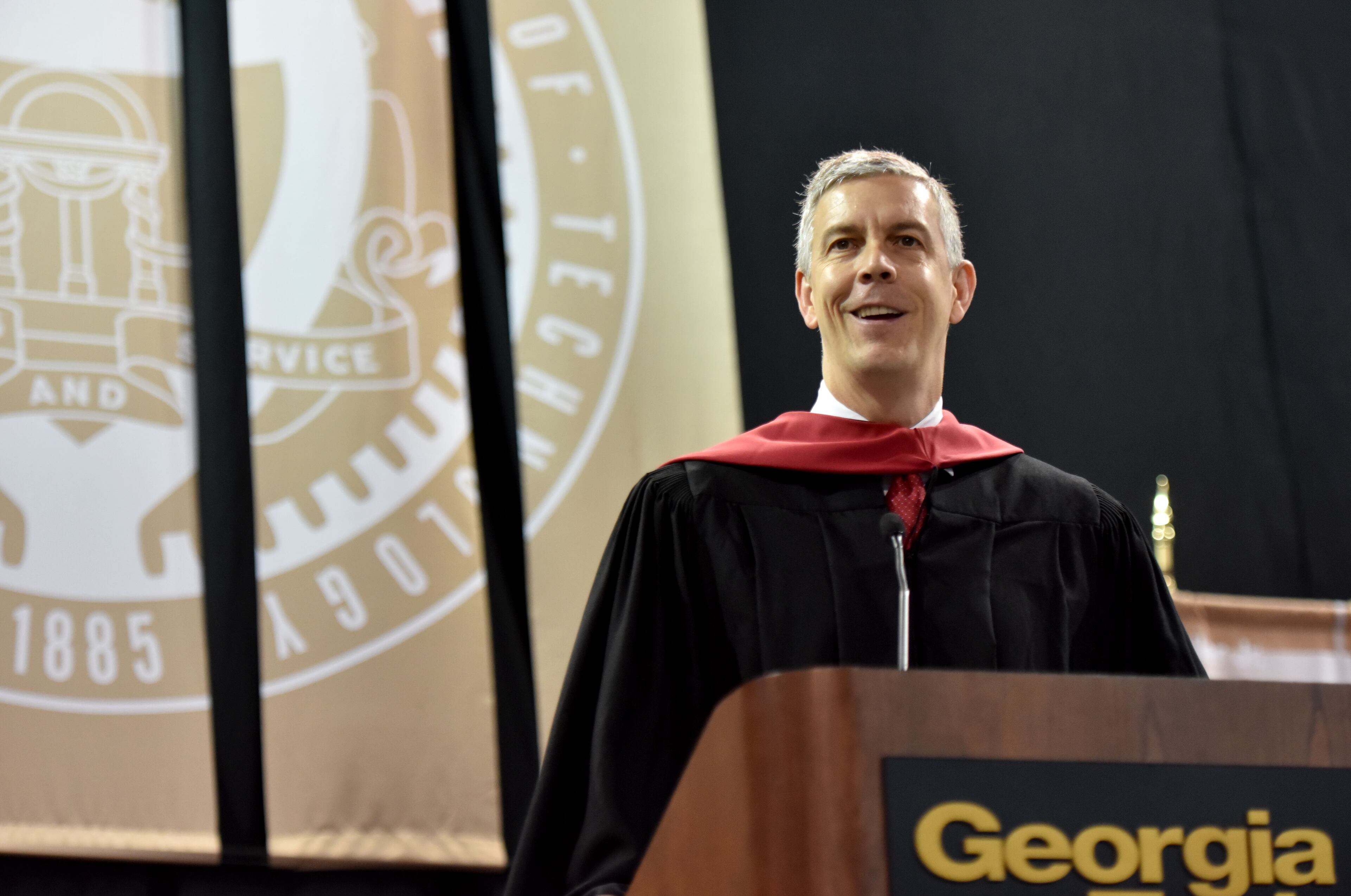 May 2, 2015 Atlanta - U.S. Secretary of Education Arne Duncan gives the commencement address during the Bachelor's morning ceremony of Spring 2015 Commencement at the McCamish Pavilion on Saturday, May 2, 2015. HYOSUB SHIN / HSHIN@AJC.COM