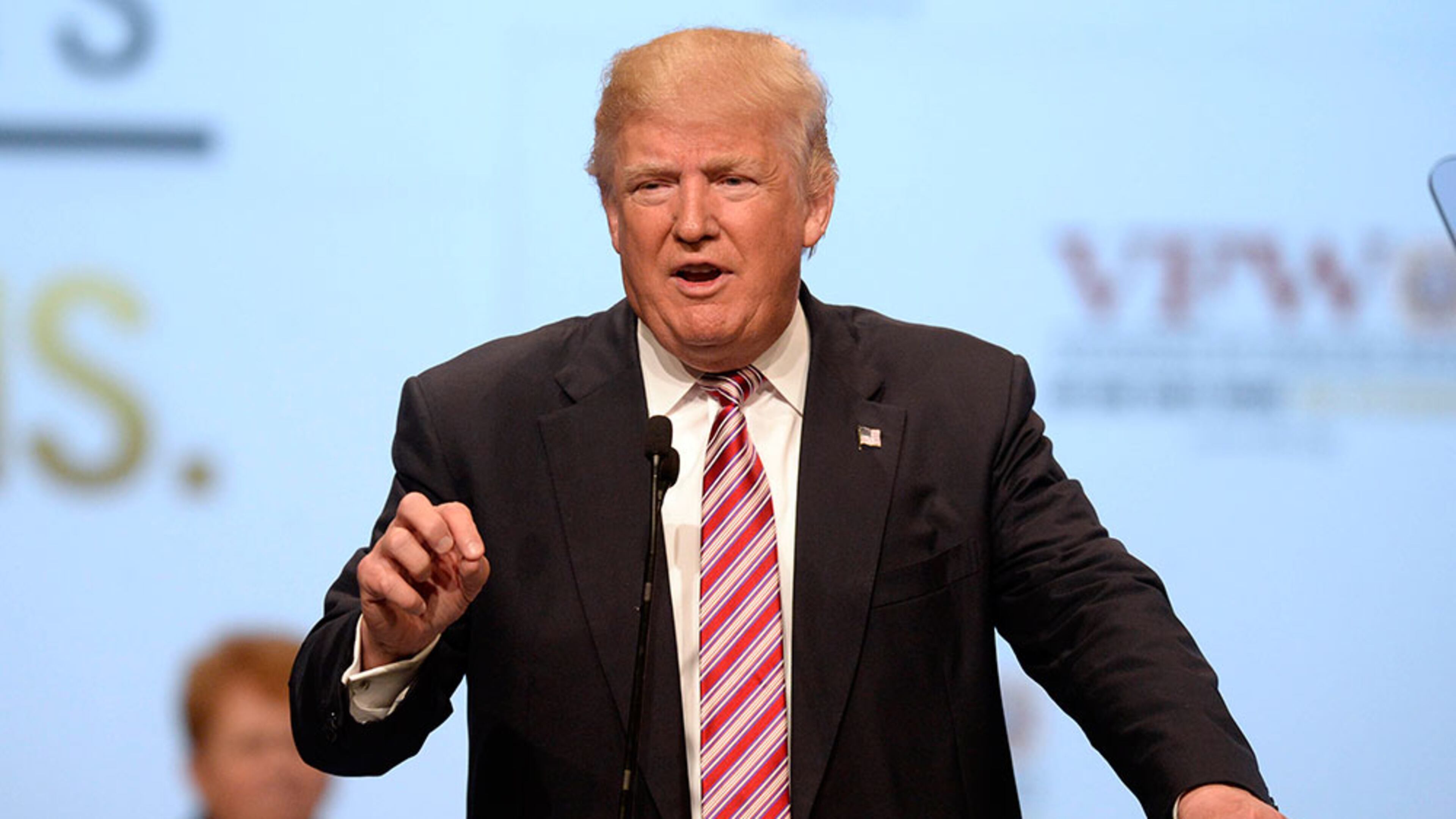 Donald Trump, the Republican presidential nominee, addresses the 117th annual VFW National Convention at the Charlotte Convention Center on Tuesday, July 26, 2016.