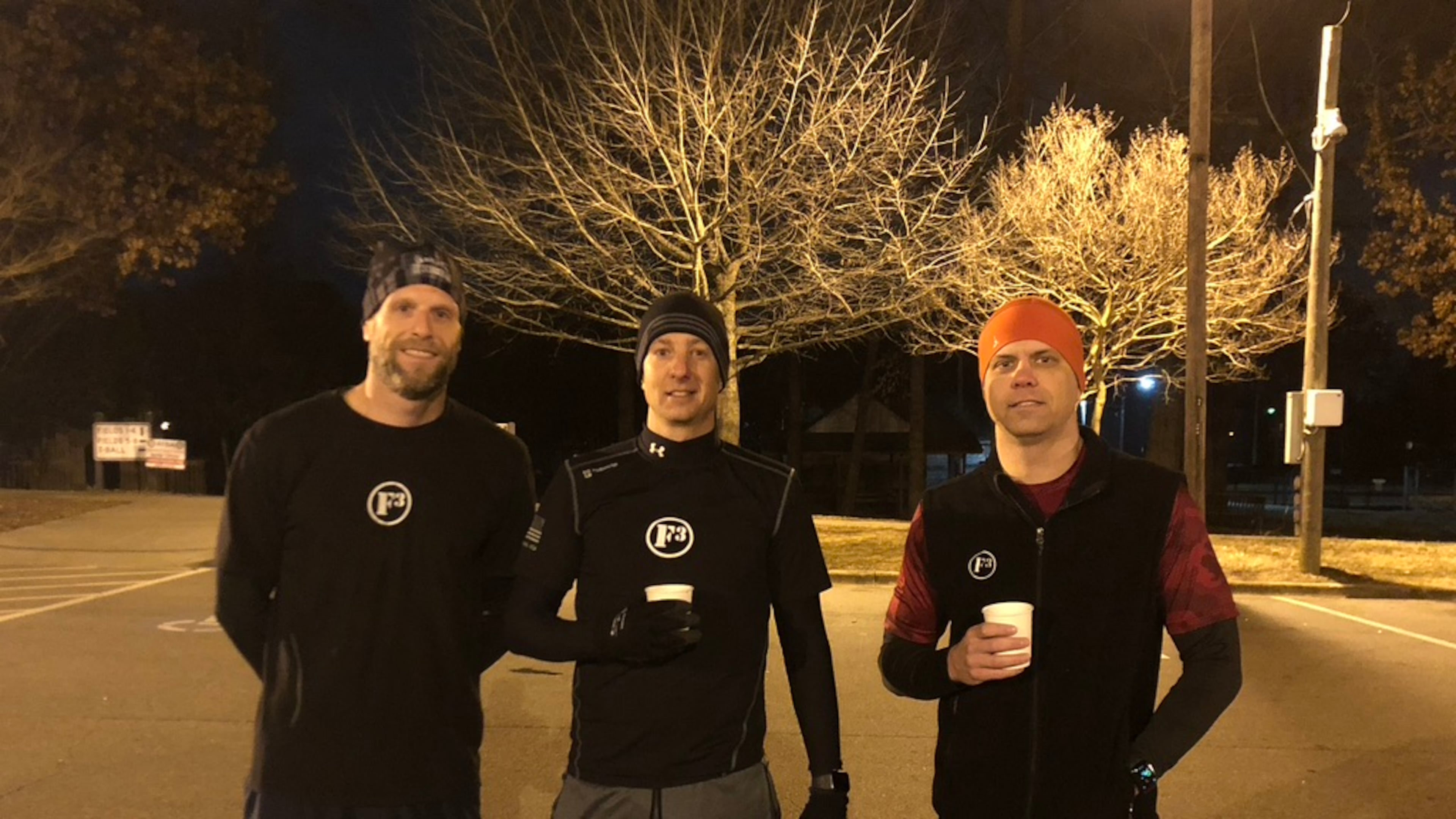 All part of F3 Alpha for several years having coffee after Brandon Lunsford's 5-year anniversary F3 workout in the parking lot of Wills Park in Alpharetta after the 5:30 a.m. “beatdown” (name for the workout). Each participant gets a funny nickname. (L-R: Nate Rozell - MillerTime, Brandon Lunsford - Cookie and Derek Bogda - Devito).