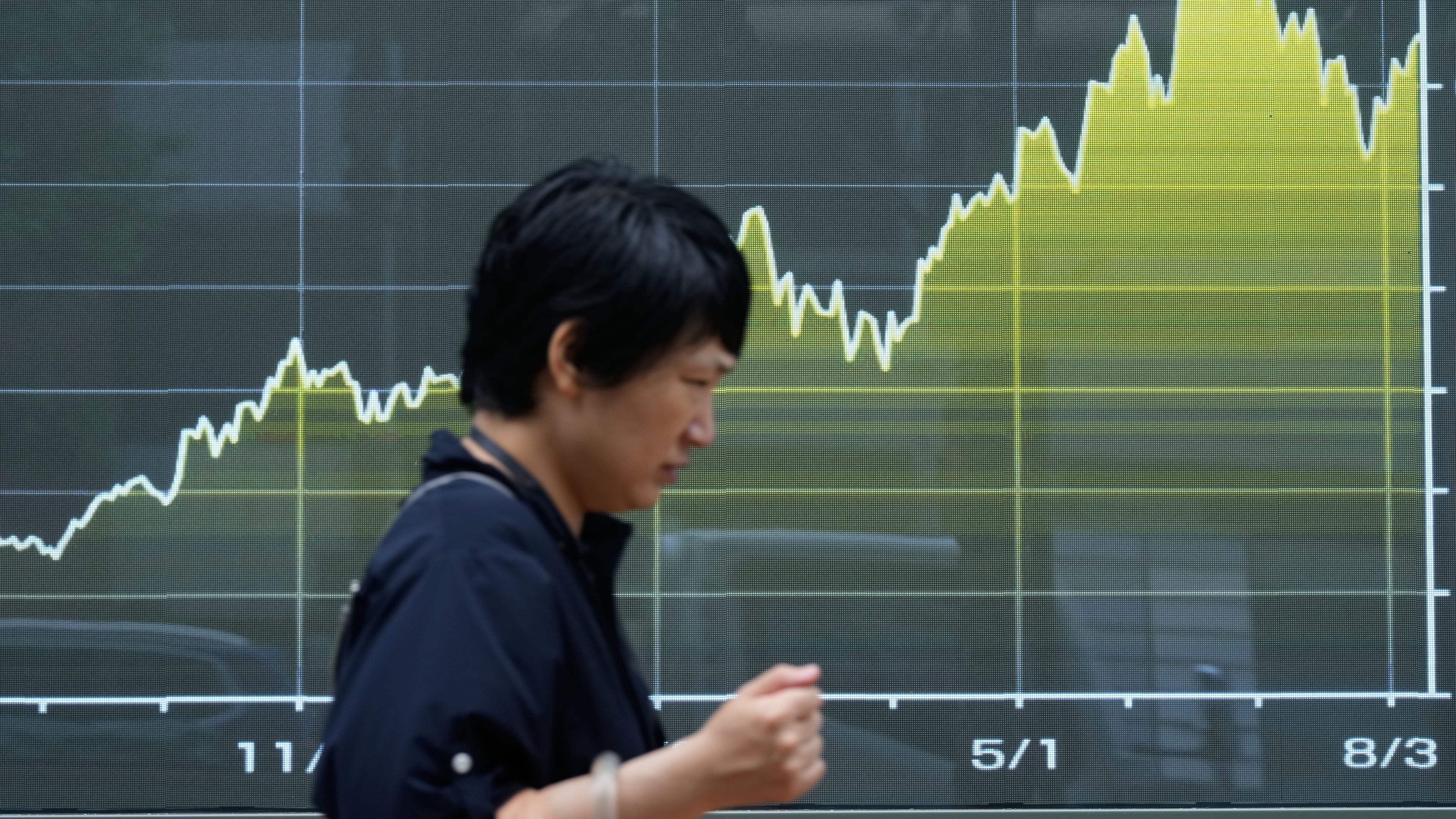 A person walk in front of an electronic stock chart board showing Japan's Nikkei index at a securities firm Thursday, Aug. 13, 2026, in Tokyo. (AP Photo/Eugene Hoshiko)