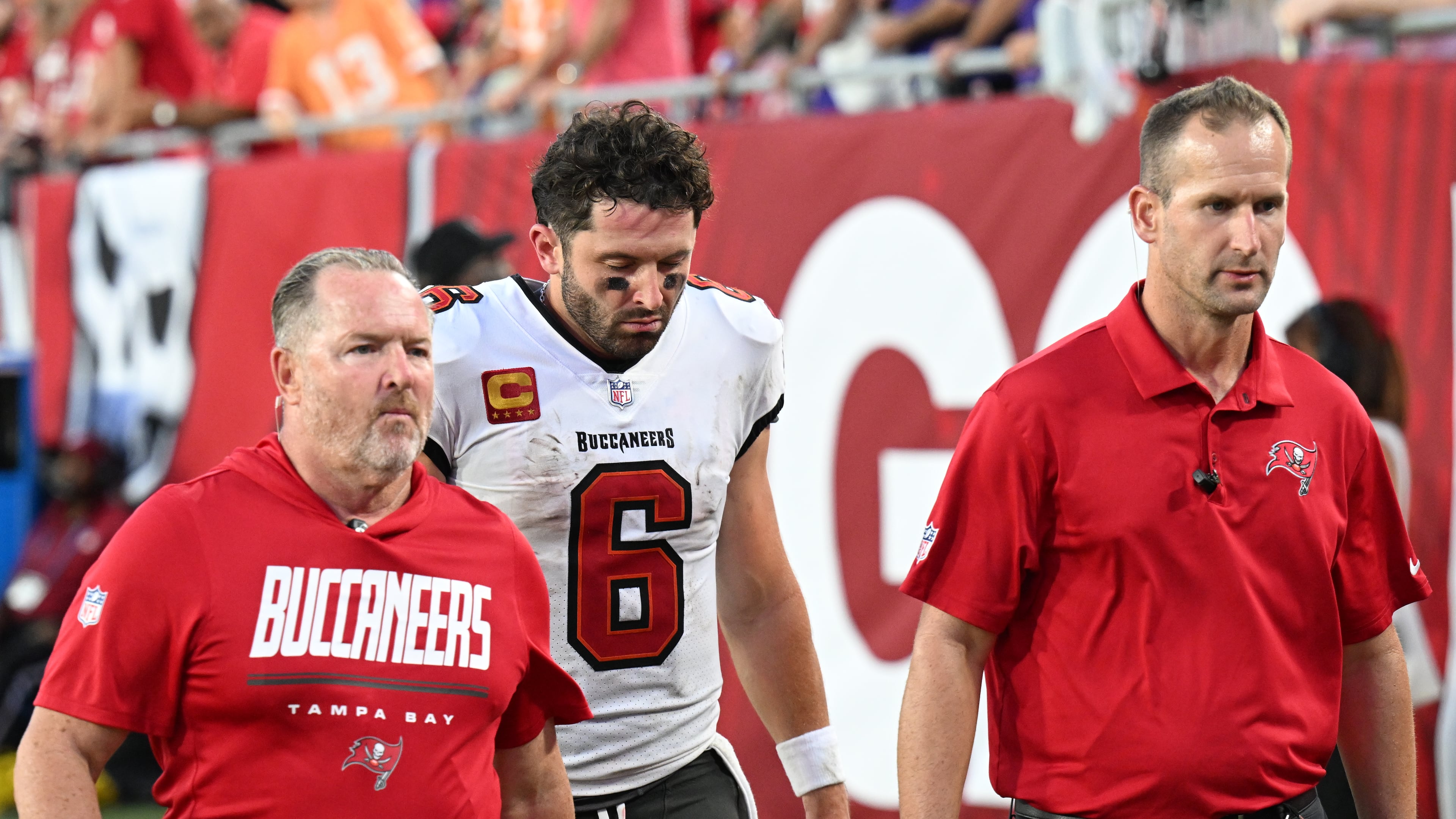 Tampa Bay Buccaneers quarterback Baker Mayfield (6) leaves the field during the second half of an NFL football game against the Minnesota Vikings in Tampa, Fla., Sunday, Sept. 27, 2026. (AP Photo/Jason Behnken)
