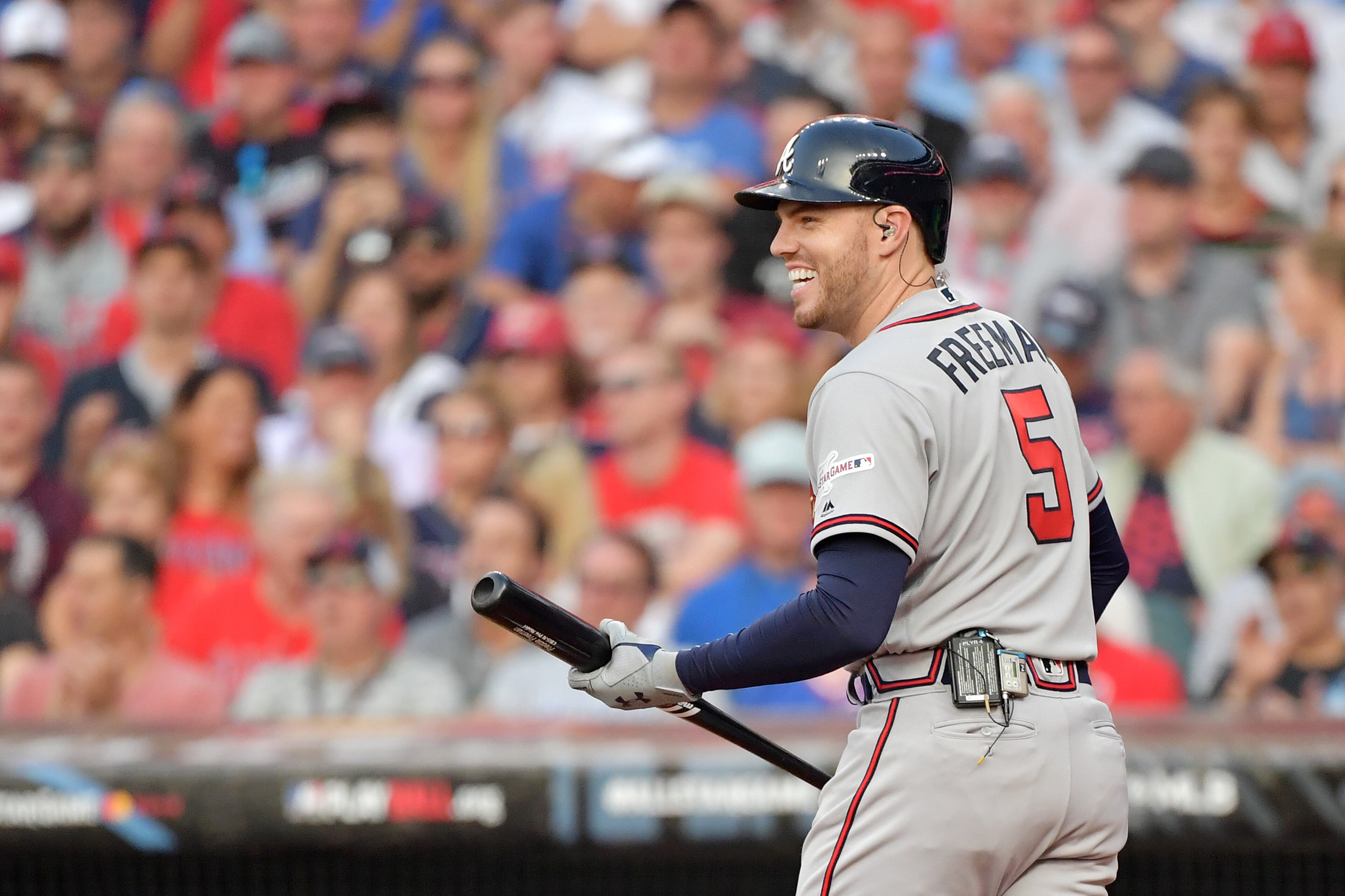 Freddie Freeman of the Braves reacts during an at-bat during the 2019 MLB All-Star Game in Cleveland, Ohio. (Photo by Jason Miller/Getty Images)