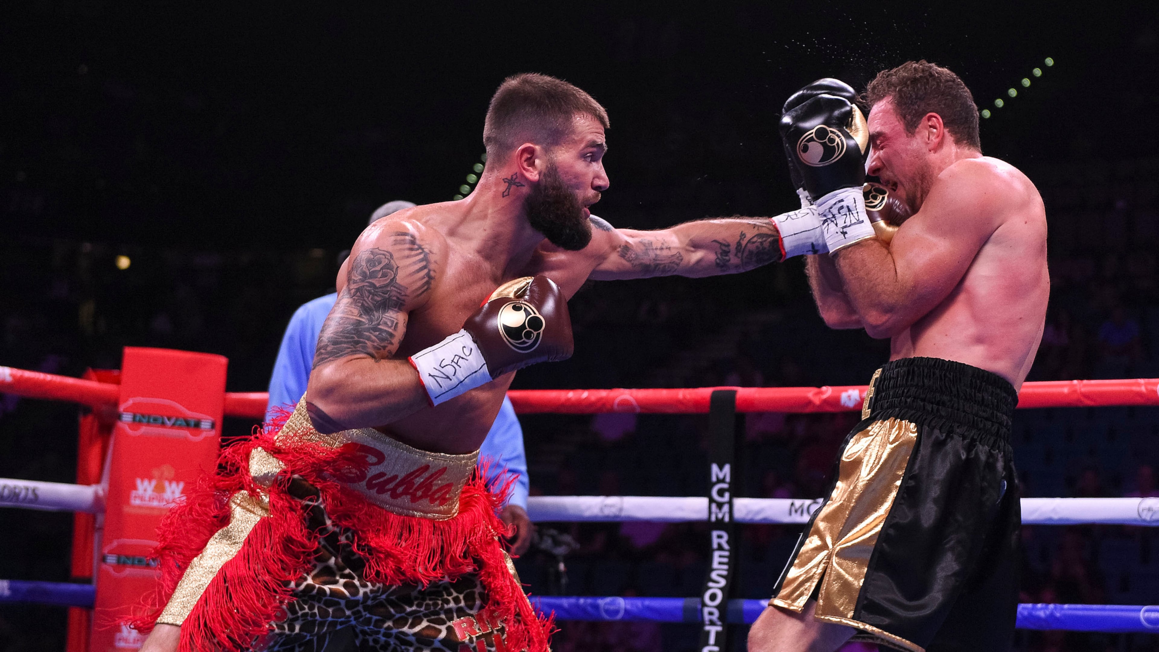 LAS VEGAS - JULY 20: Caleb Plant punches at Mike Lee during the FOX Sports PBC Pay-Per-View and PBC on Fox Fight Night at the MGM Grand Garden Arena on July 20, 2019 in Las Vegas, Nevada. (Photo by Stewart Cook/Fox Sports/PictureGroup)
