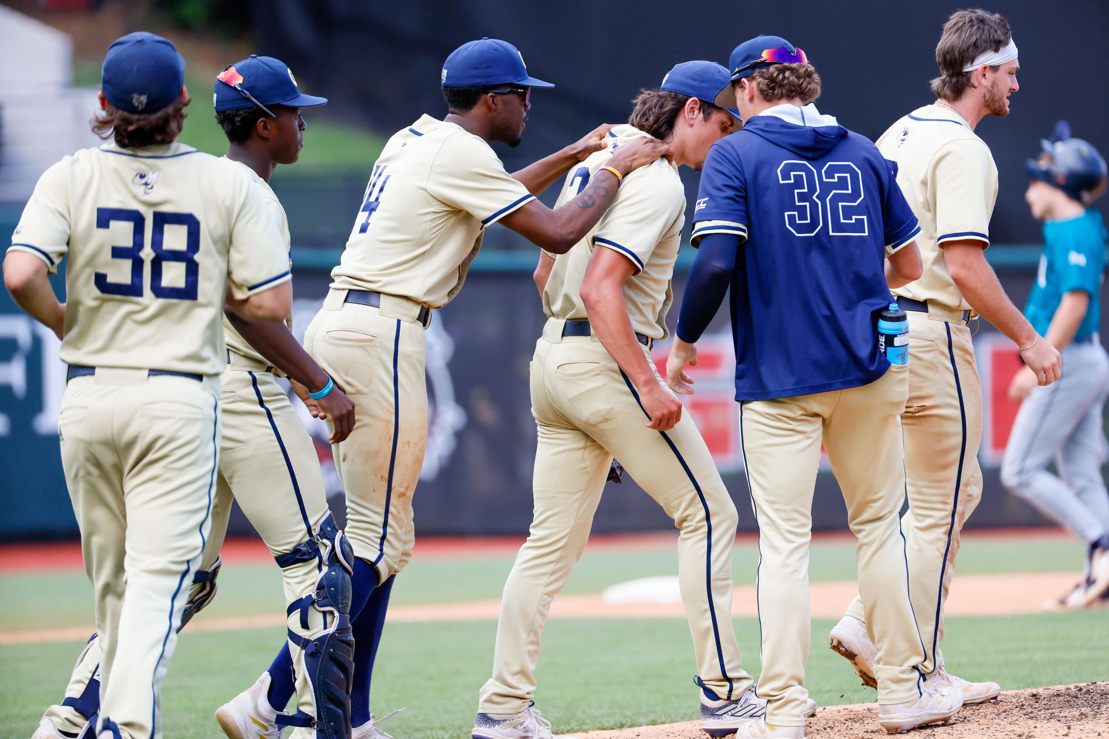 Georgia Tech players celebrate after beating UNC Wilmington 3-1 and advancing in the NCAA Tournament Regional at Foley Field on Sunday, June 2, 2024, in Athens.
(Miguel Martinez / AJC)