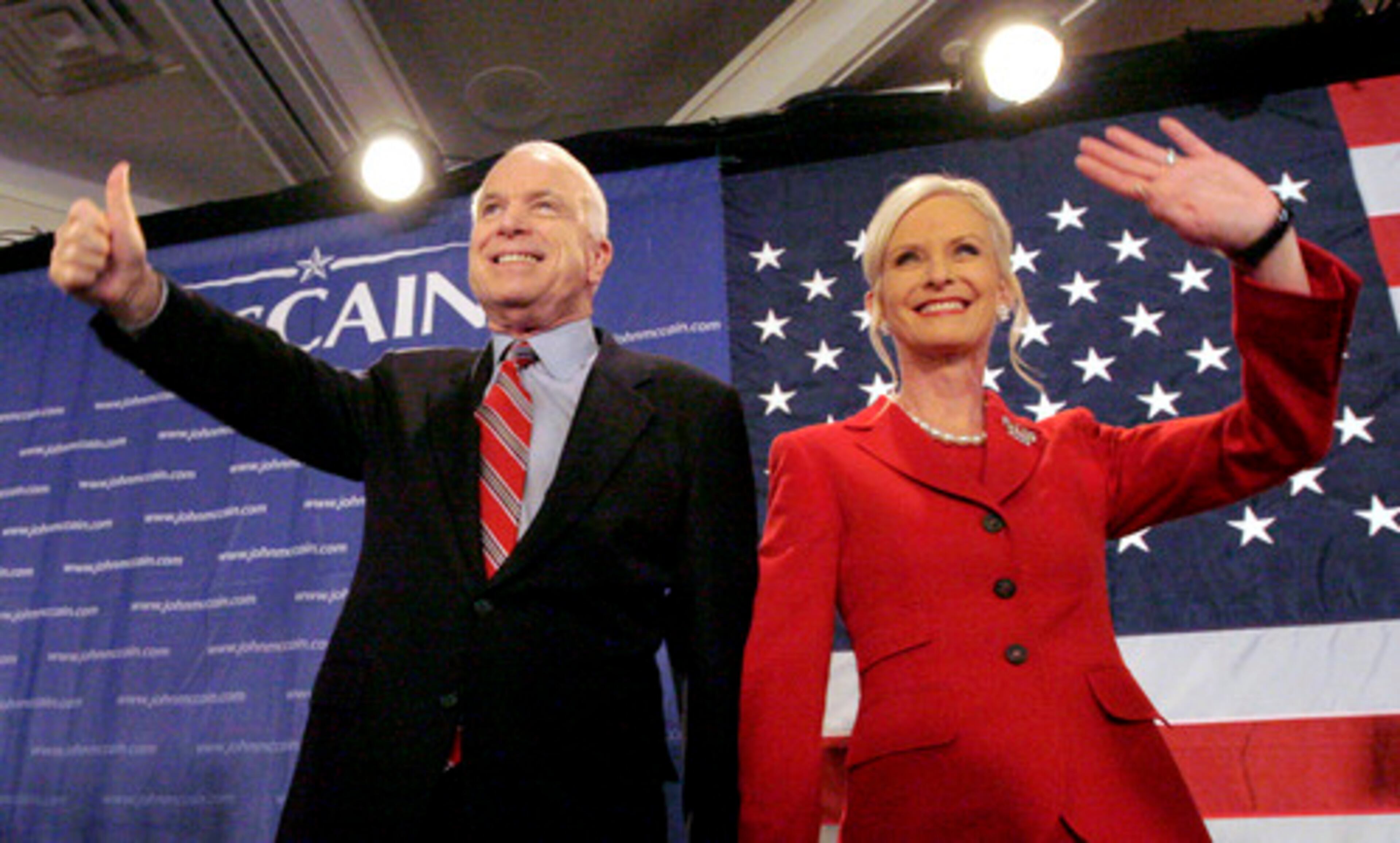 Republican presidential hopeful Sen. John McCain, R-Ariz., and his wife Cindy wave to supporters on election night in Nashua, N.H., Tuesday, Jan. 8, 2008. McCain won the New Hampshire Republican primary, completing a remarkable comeback and climbing back into contention for the presidential nomination.
