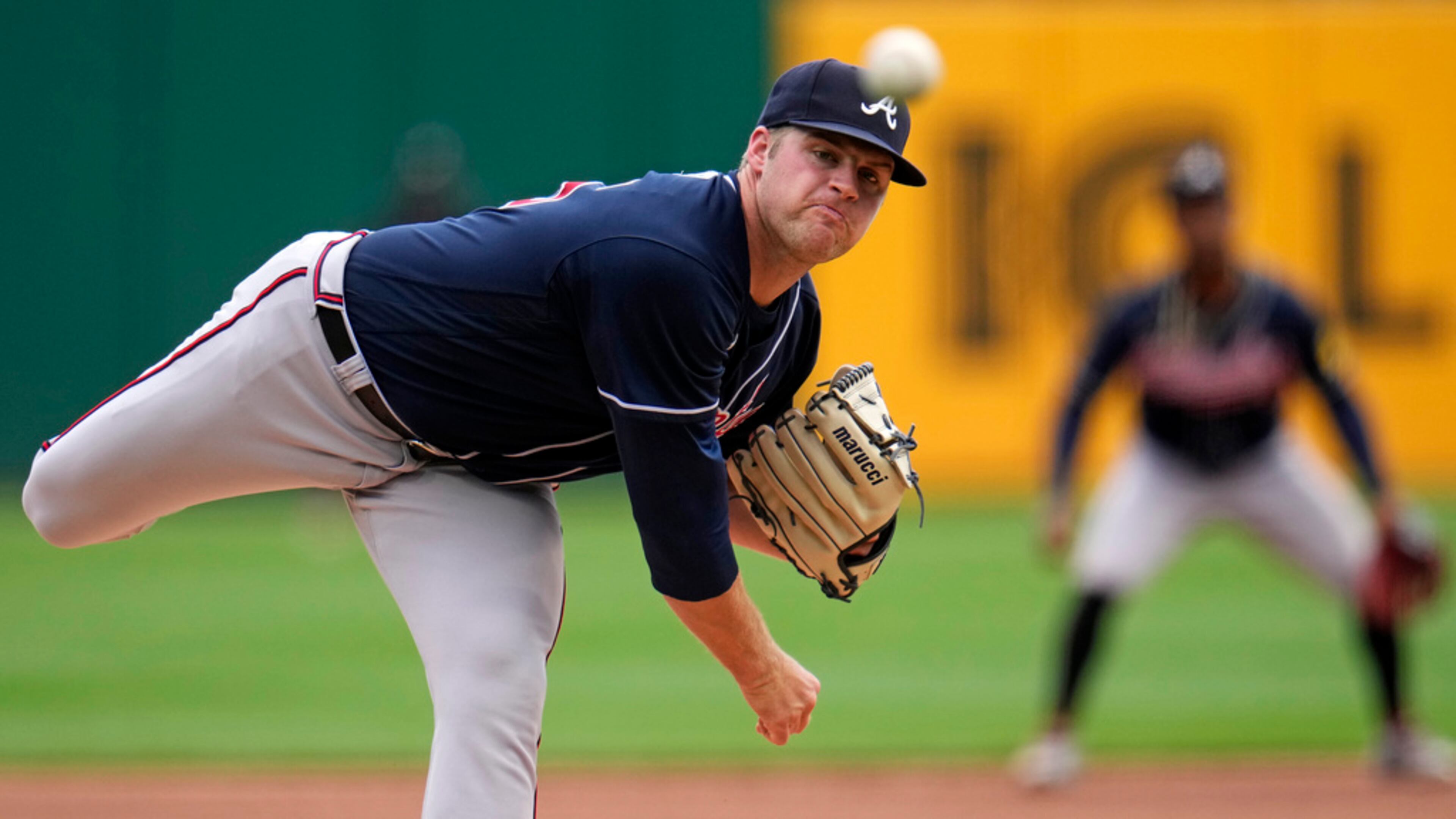 Atlanta Braves starting pitcher Bryce Elder delivers during the first inning of a baseball game against the Pittsburgh Pirates in Pittsburgh, Thursday, Aug. 10, 2023. (AP Photo/Gene J. Puskar)