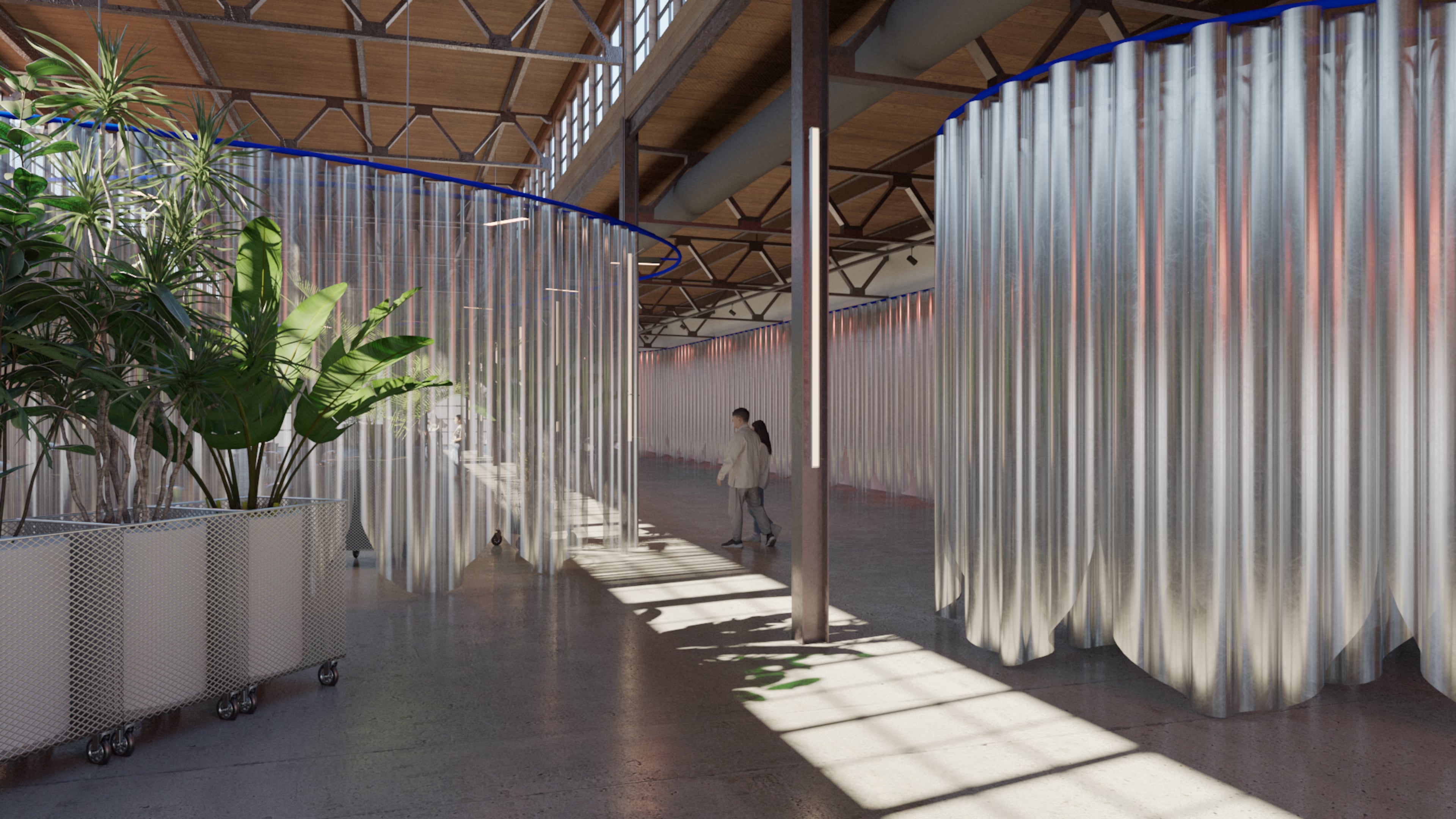 A rendering of the interior of the Loop, a temporary creative hub occupying the former Randall Brothers site in west Midtown. (MALL-Stayner Architects)