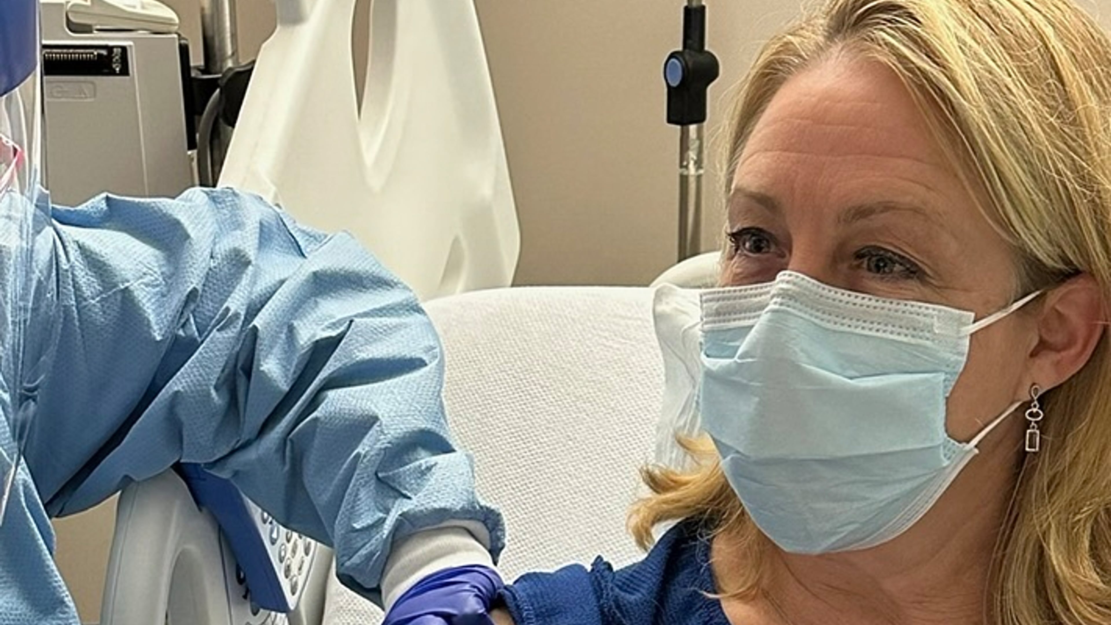 In this photo provided by Dr. Stacy Norton, she receives a trial vaccine for Lynch Syndrome at the MD Anderson Cancer Center Infusion Center in Houston, on April 11, 2023. (Courtesy Dr. Stacy Norton via AP)