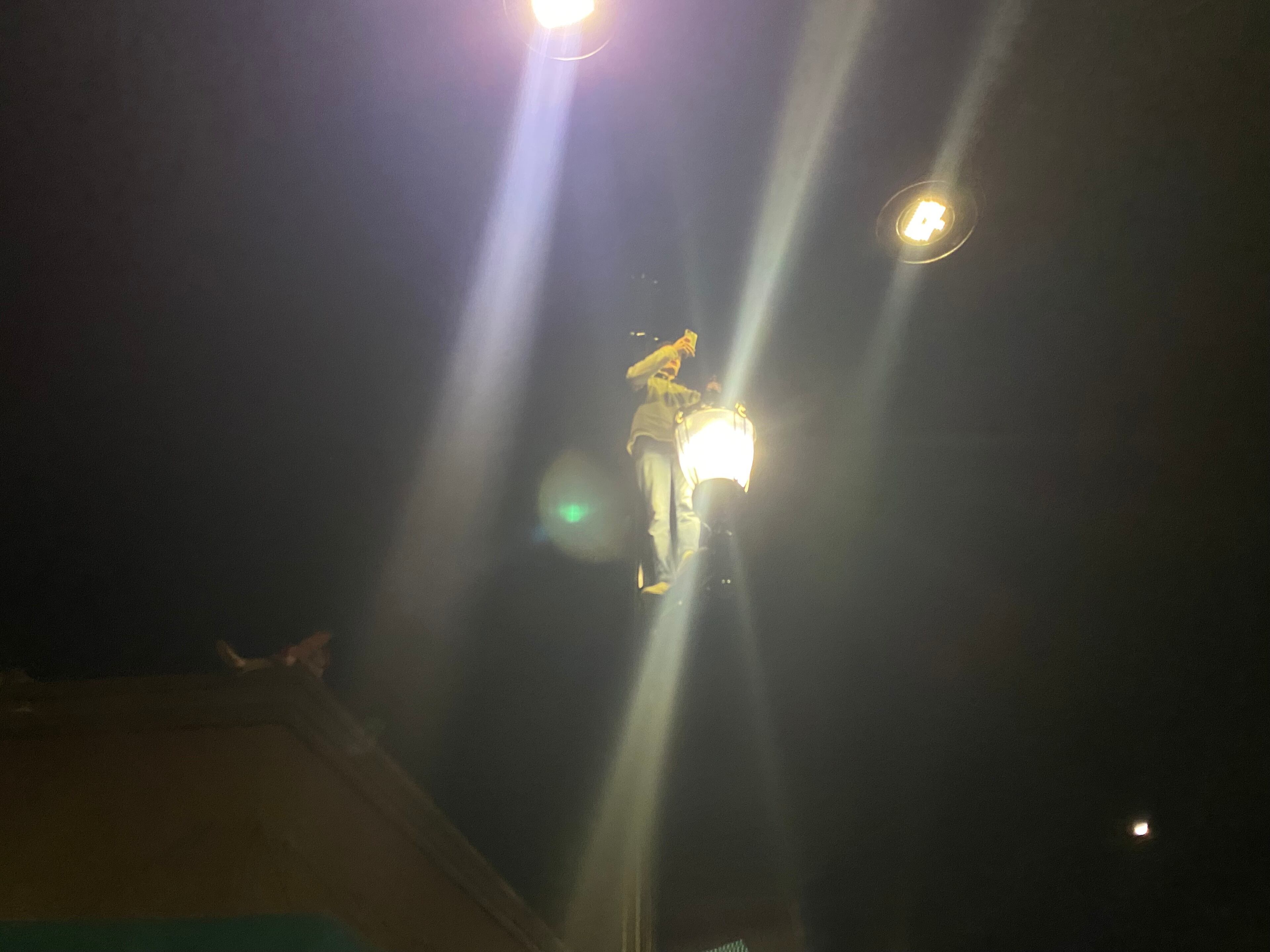 A Georgia fan make use of public infrastructure to celebrate the first Bulldogs national championship in 41 years. (Holland Mowry/Special to The AJC)