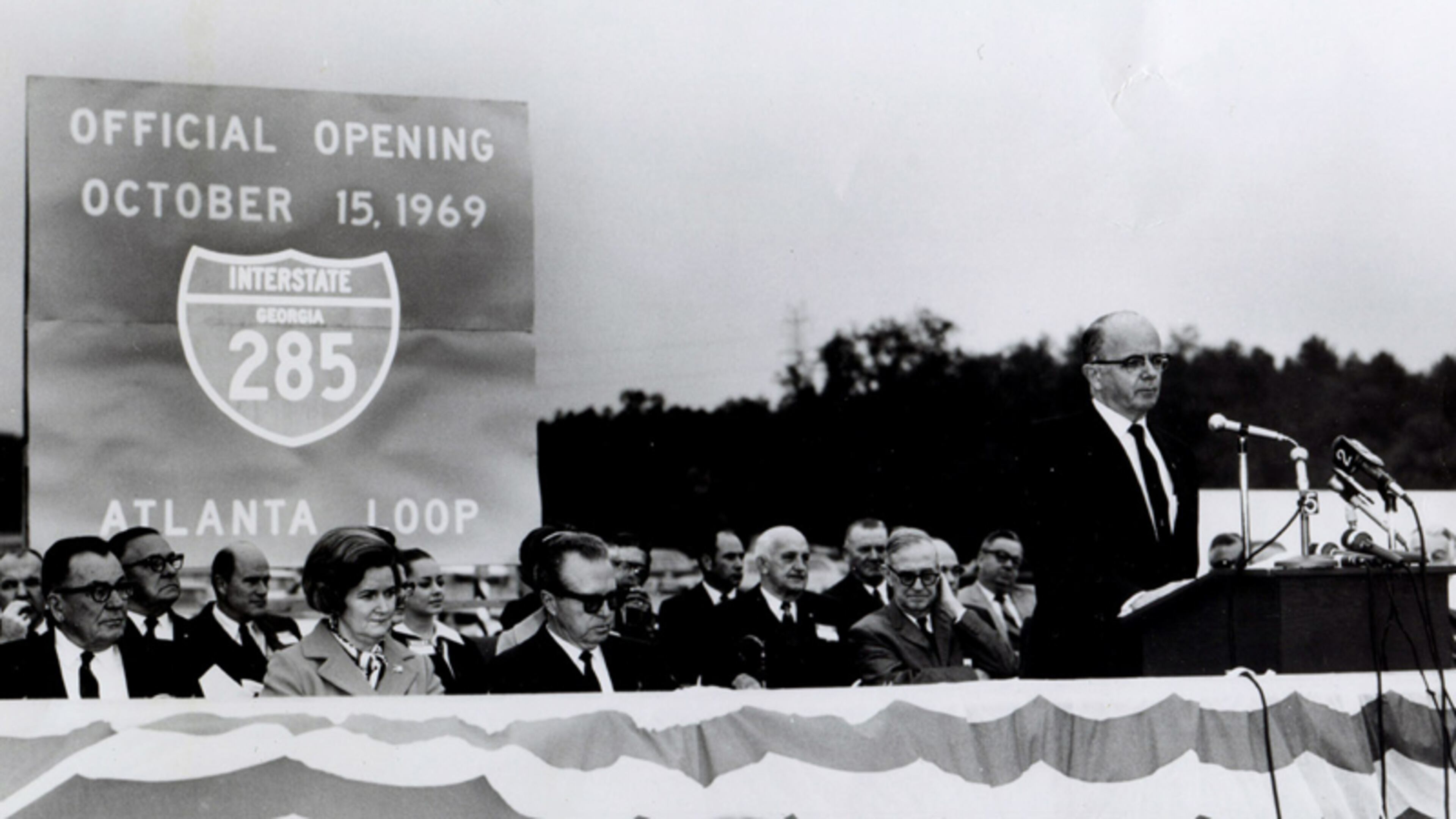 Georgia Gov. Lester Maddox speaks at opening ceremonies of I-285, the Perimeter, on Oct. 15, 1969. The 50th anniversary of the highway will be observed with a traveling exhibit Oct. 13-19 at Perimeter Mall in Dunwoody. ATLANTA HISTORY CENTER