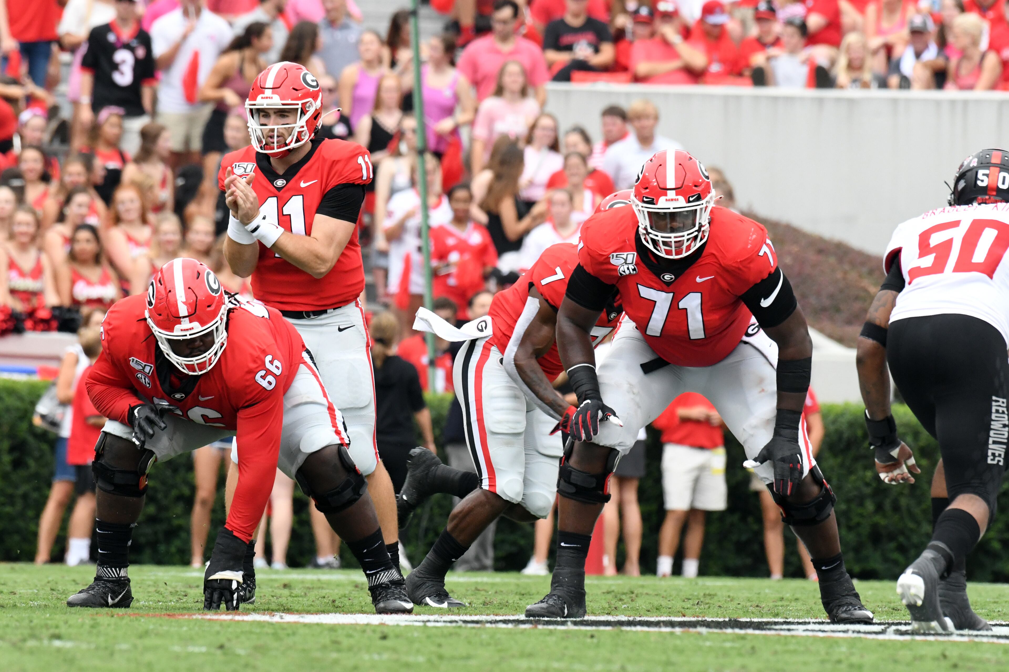 Georgia offensive lineman Solomon Kindley (66)
Georgia offensive tackle Andrew Thomas (71)
Athens, GA - The #3-ranked University of Georgia football team defeated ArkansasState, 55-0, in a game played on Dooley Field at Sanford Stadium. Photo credit, Perry McIntyre.