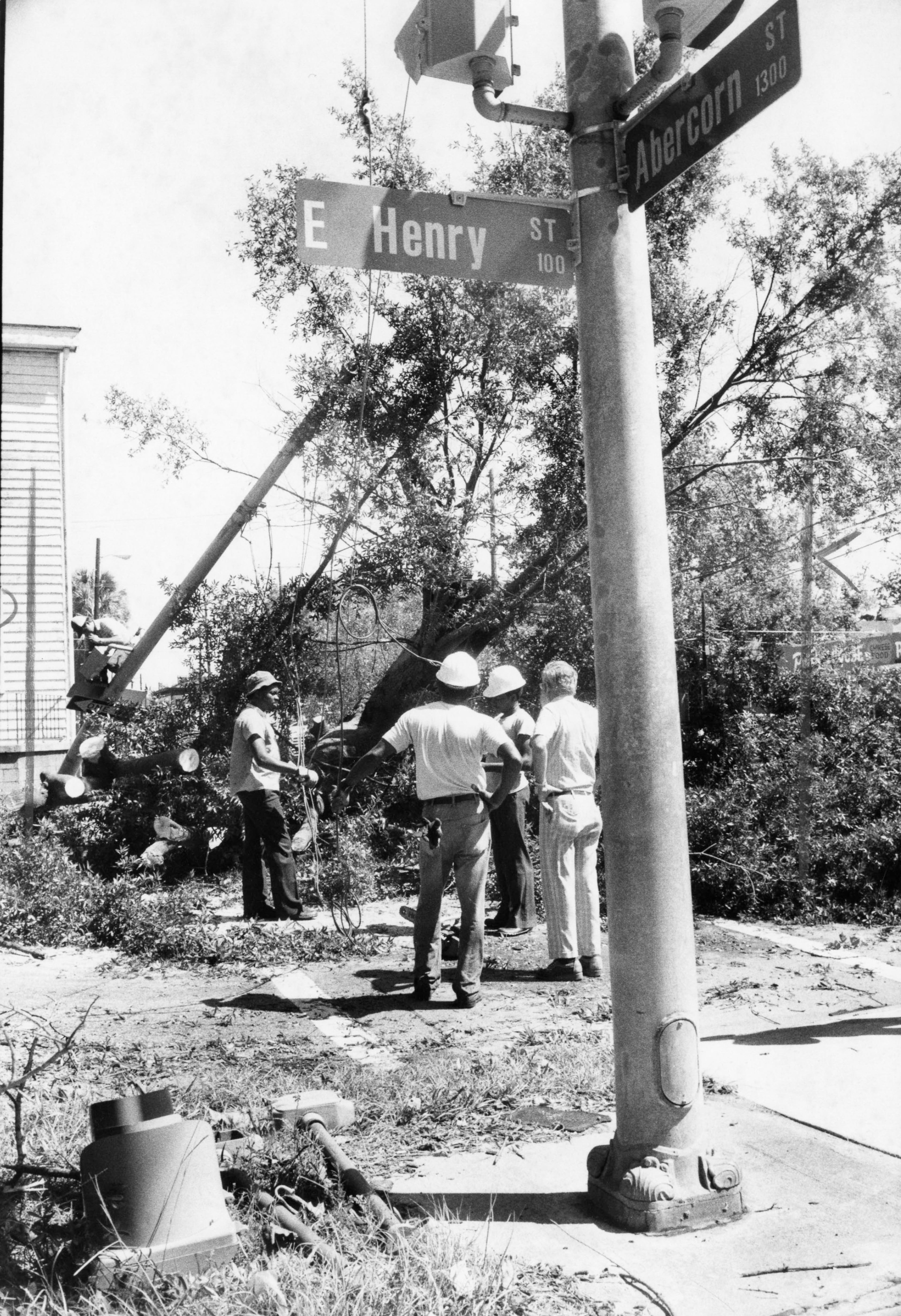 Title Clean up crews in Savannah remove fallen trees and debris after Hurricane David, 1979
Identifier AJCP215-006c
Date of original 1979-09-07
Decade 1970s
Creator Atlanta Journal-Constitution
Contributors Linn, Minla
Description Printed on back: "Hurricane David. Minla Linn. September 7, 1979." Caption: "Crew works to clear a tree from electric lines in Savannah."
Subject Hurricane damage
Hurricanes
Construction workers
Subject (names) Hurricane David (1979)
Location depicted Savannah (Ga.)
Chatham County (Ga.)
Collection Atlanta Journal-Constitution Photographic Archive
Curatorial area Photographic Collections
Digital publisher Georgia State University Library
Rights information Copyright to items in this collection is owned by the Atlanta Journal-Constitution. Items may be used for scholarship, educational, and personal use. Additional uses will require permission of the rights holder.
Citation AJCP215-006c, Atlanta Journal-Constitution Photographic Archives. Special Collections and Archives, Georgia State University Library.
Source format black-and-white photographs
Format image/jp2
Type Image