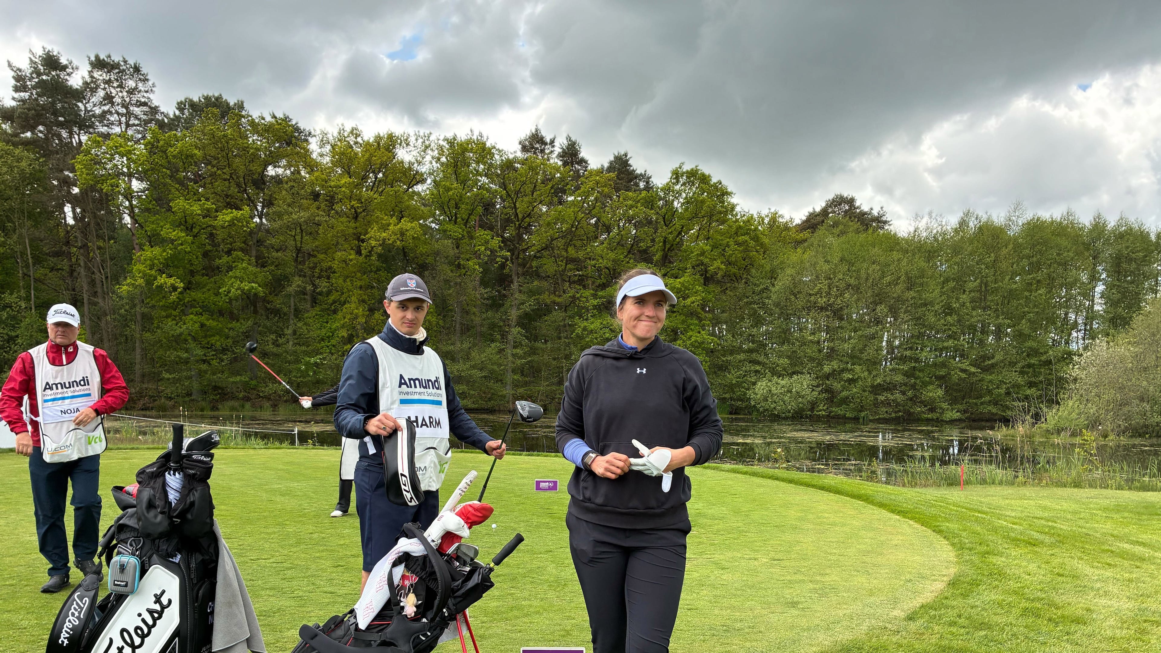 Leonie Harm, right, attends the German Masters golf tournament on the Ladies European Tour in Winsen Germany, Saturday, May 16, 2026. (Marc Moeller/dpa via AP)