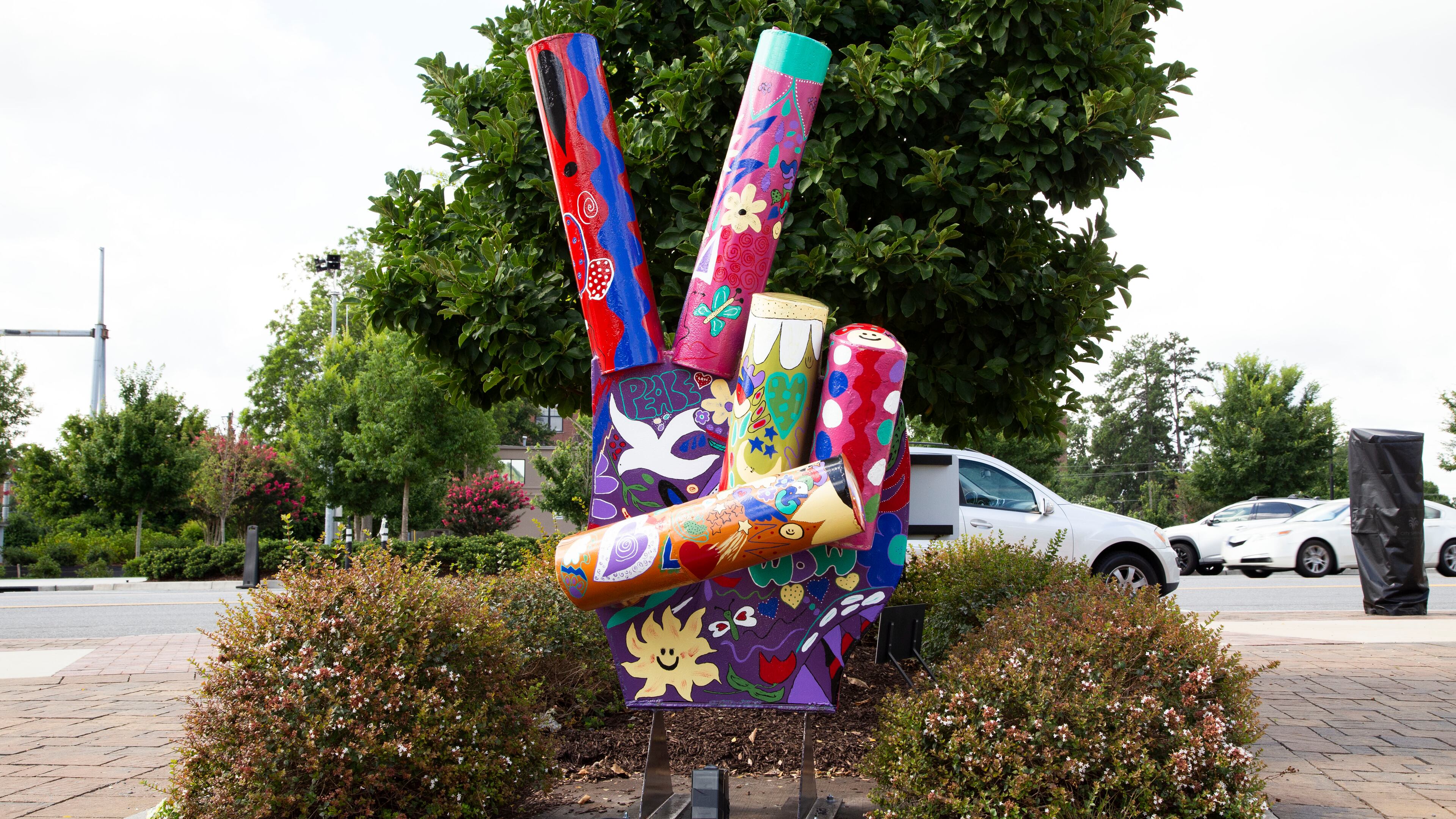“Peace Sign,” a sculpture in Sandy Springs by Joe and Terry Malesky surely will get viewers feeling groovy.
Courtesy of the City of Sandy Springs.
