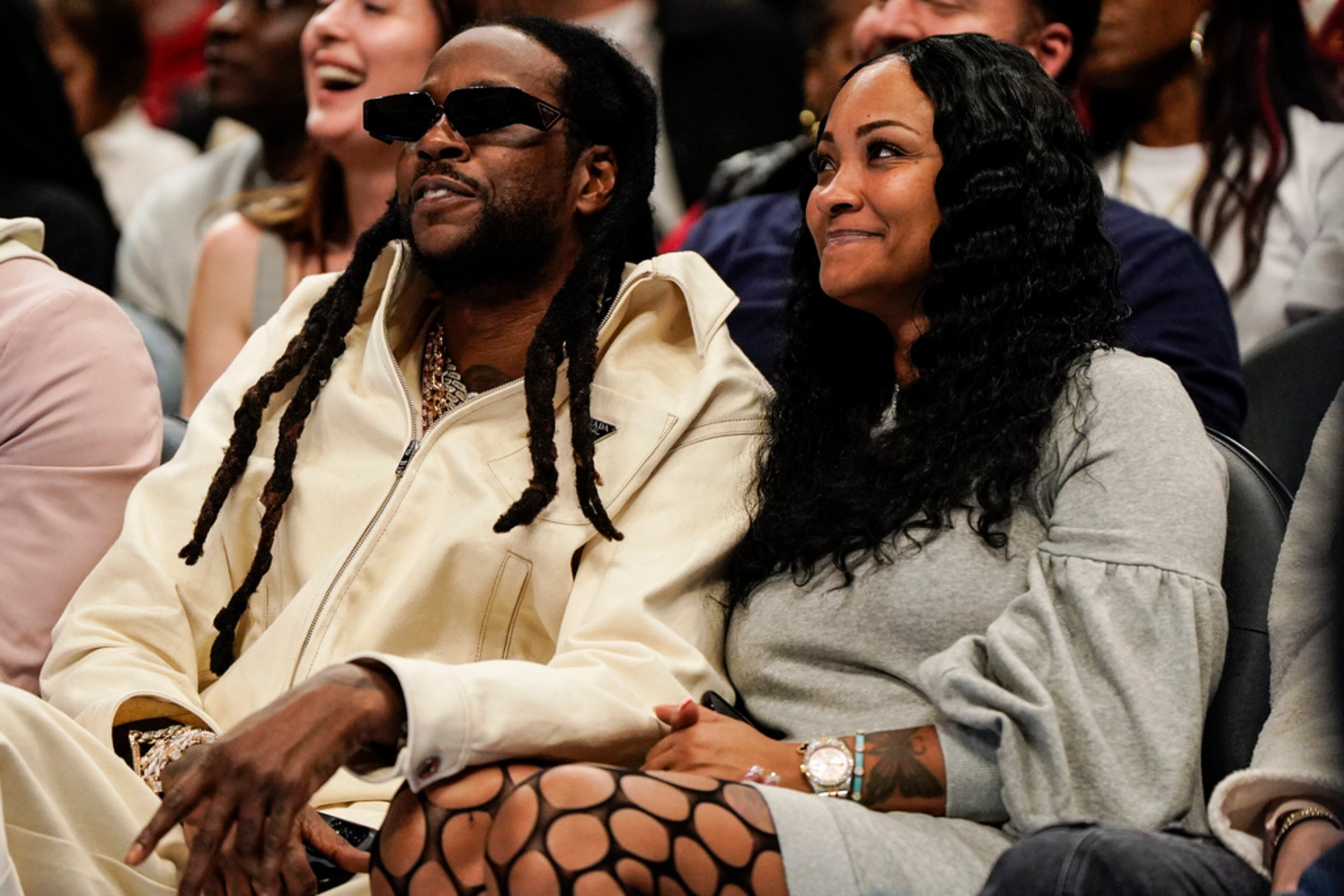 Rapper 2 Chainz watches play between the Atlanta Hawks and the Philadelphia 76ers during the second half of an In-Season Tournament NBA basketball game, Friday, Nov. 17, 2023, in Atlanta. (AP Photo/Mike Stewart)