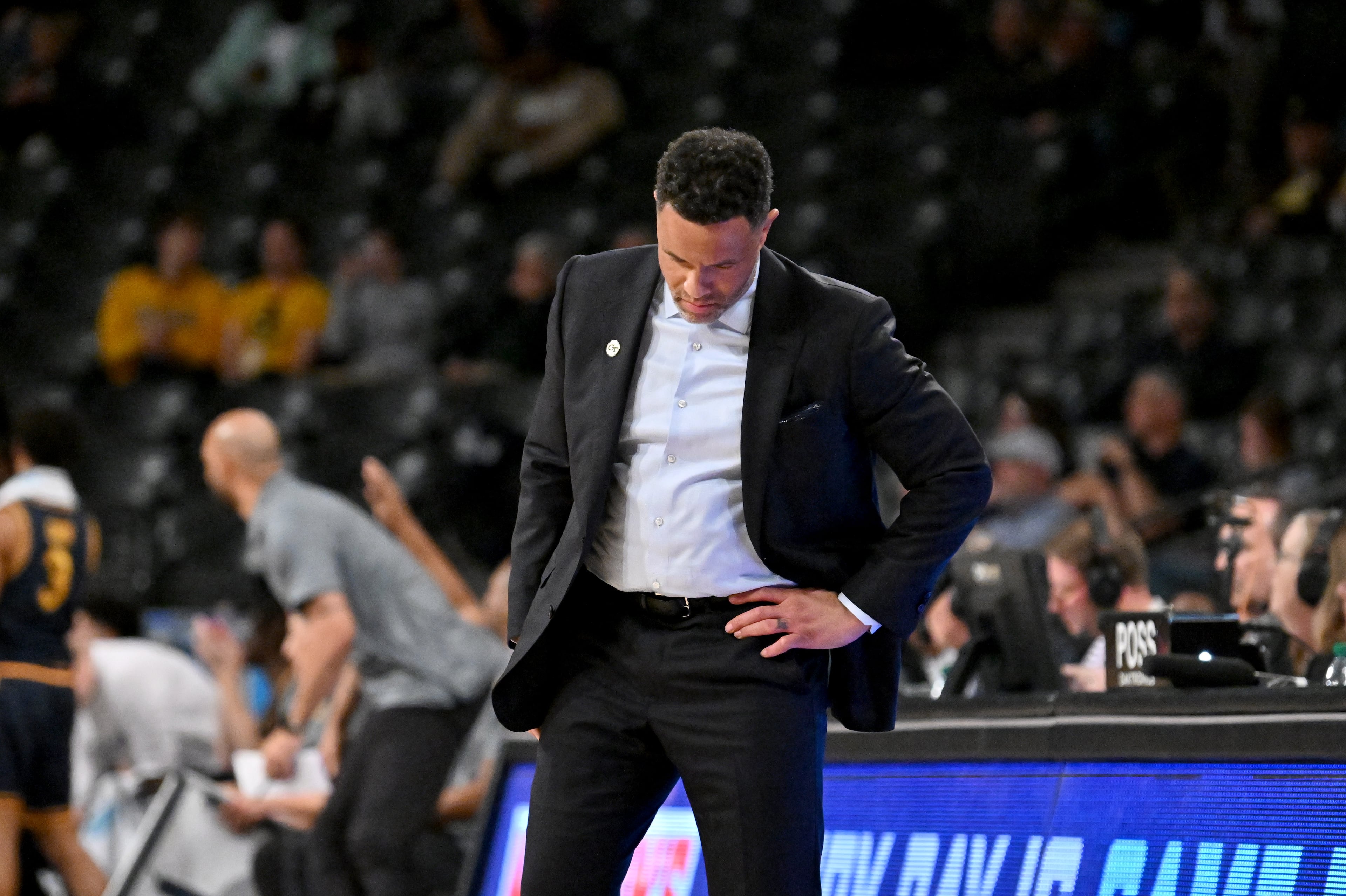 Georgia Tech head coach Damon Stoudamire reacts during an NCAA college basketball game at Georgia Tech’s McCamish Pavilion, Wednesday, March 4, 2026, in Atlanta. California won 76-65 over Georgia Tech. (Hyosub Shin/AJC)