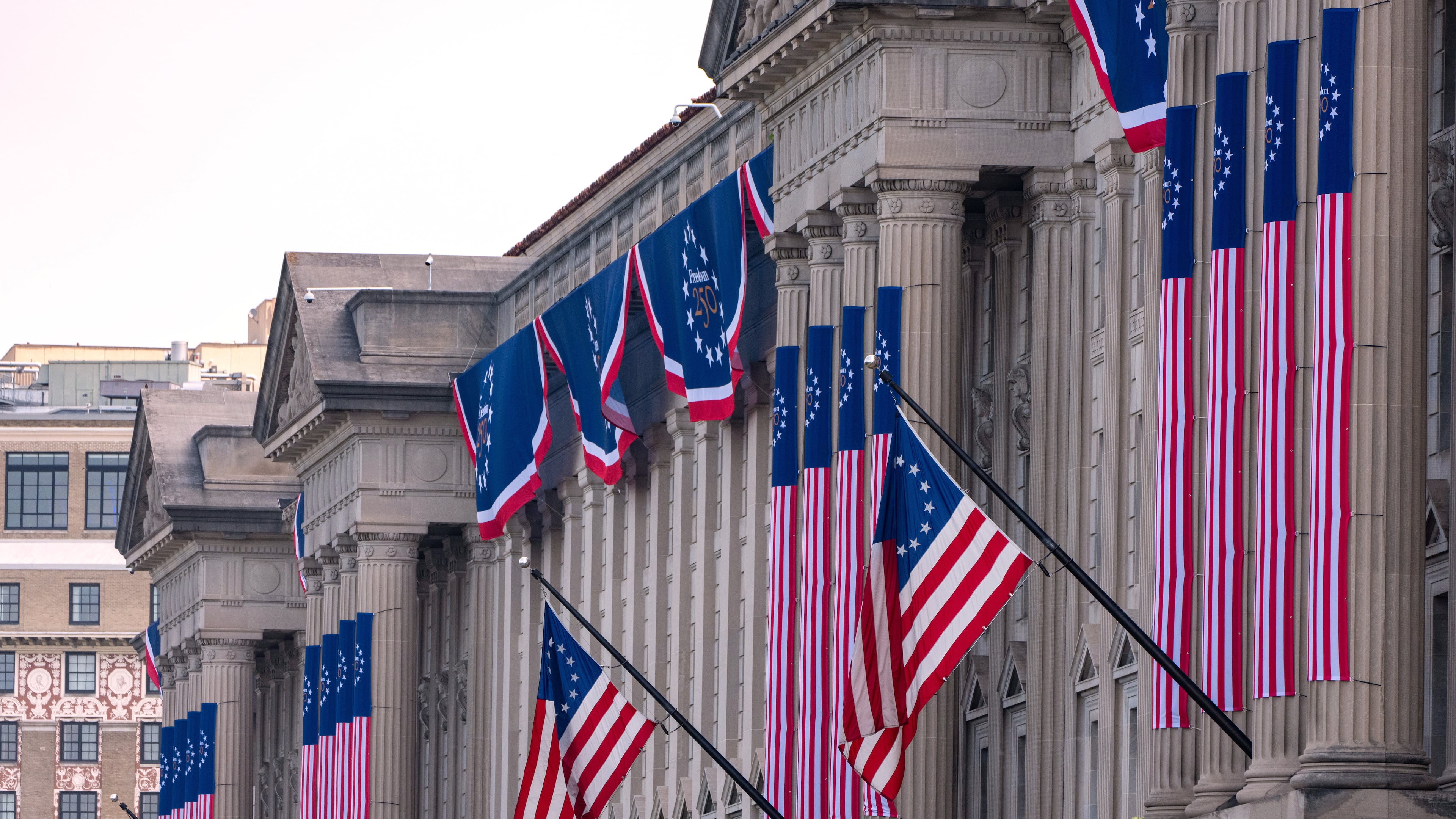 The Commerce Department is decorated for the Fourth of July celebration, Thursday, July 2, 2026, in Washington. (AP Photo/Alex Brandon)