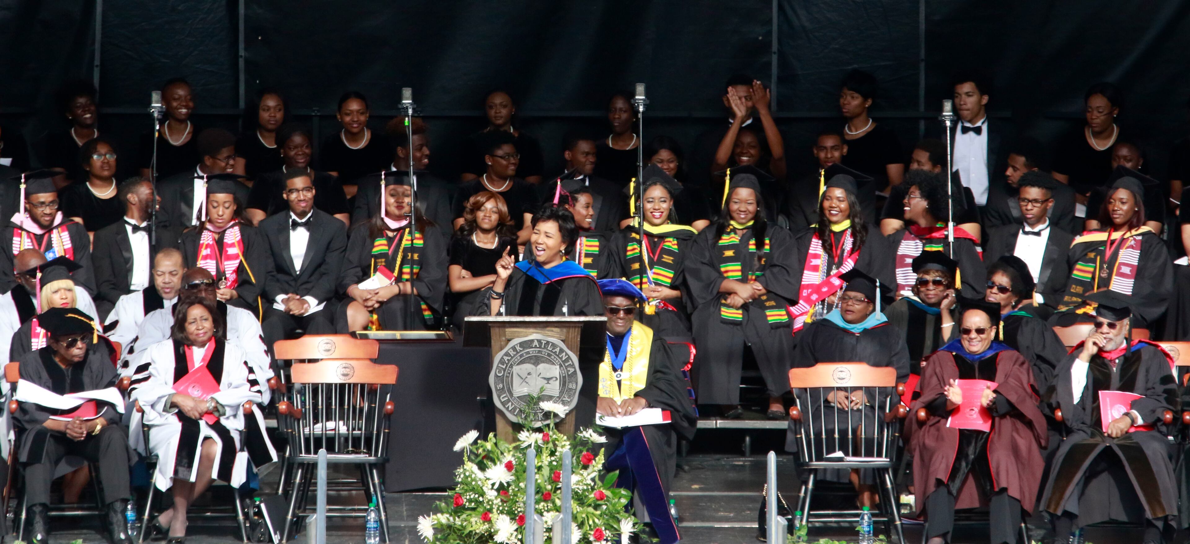 May 16, 2016 - Atlanta - Mae Jemison, the first woman of color in Space, delivers the keynote address. Clark Atlanta University class of 2016 filled Panther Stadium Monday morning for it's 27th annual Commencement Service. The keynote speaker was retired astronaut Mae Jemison, the first woman of color in Space. Honorary degrees were awarded to Hamilton Bohannon, a 1964 graduate of Clark College; Roland Carter; Congressman John Conyers, and Congressman Hank Johnson, a 1976 Clark College graduate. BOB ANDRES / BANDRES@AJC.COM