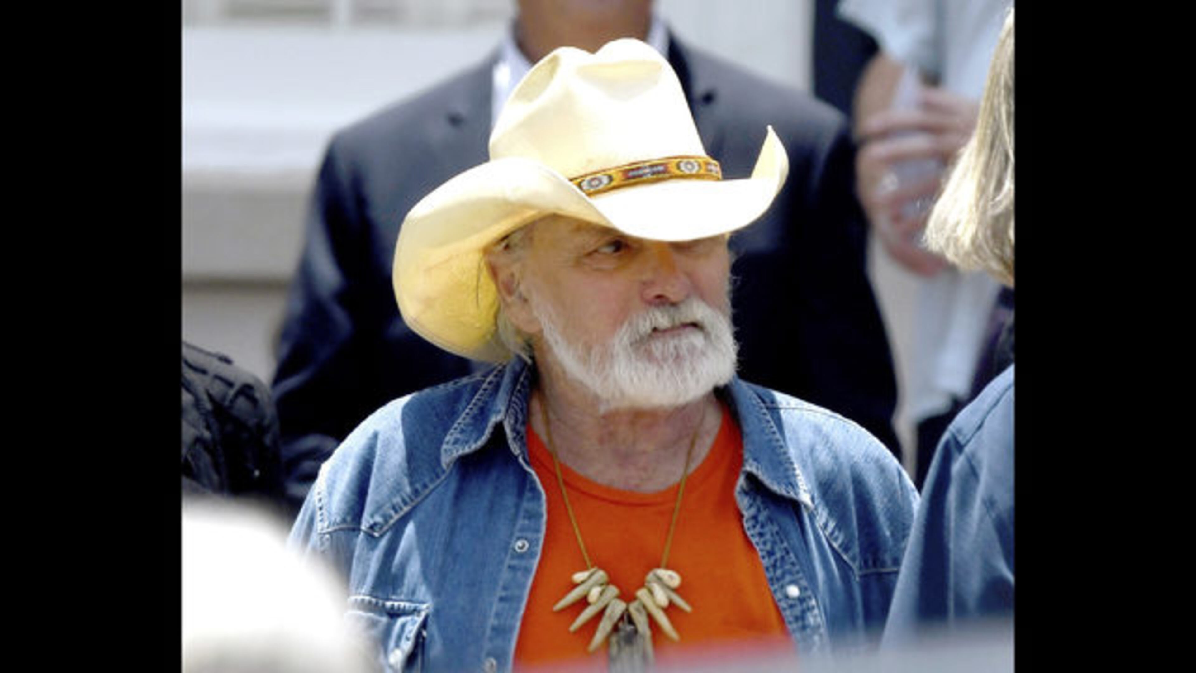 Dickey Betts exits the funeral of Gregg Allman at Snow's Memorial Chapel, in Macon, Ga. Betts is recovering in Florida from brain surgery following a freak accident. (Jason Vorhees/The Macon Telegraph via AP, File)
</p>