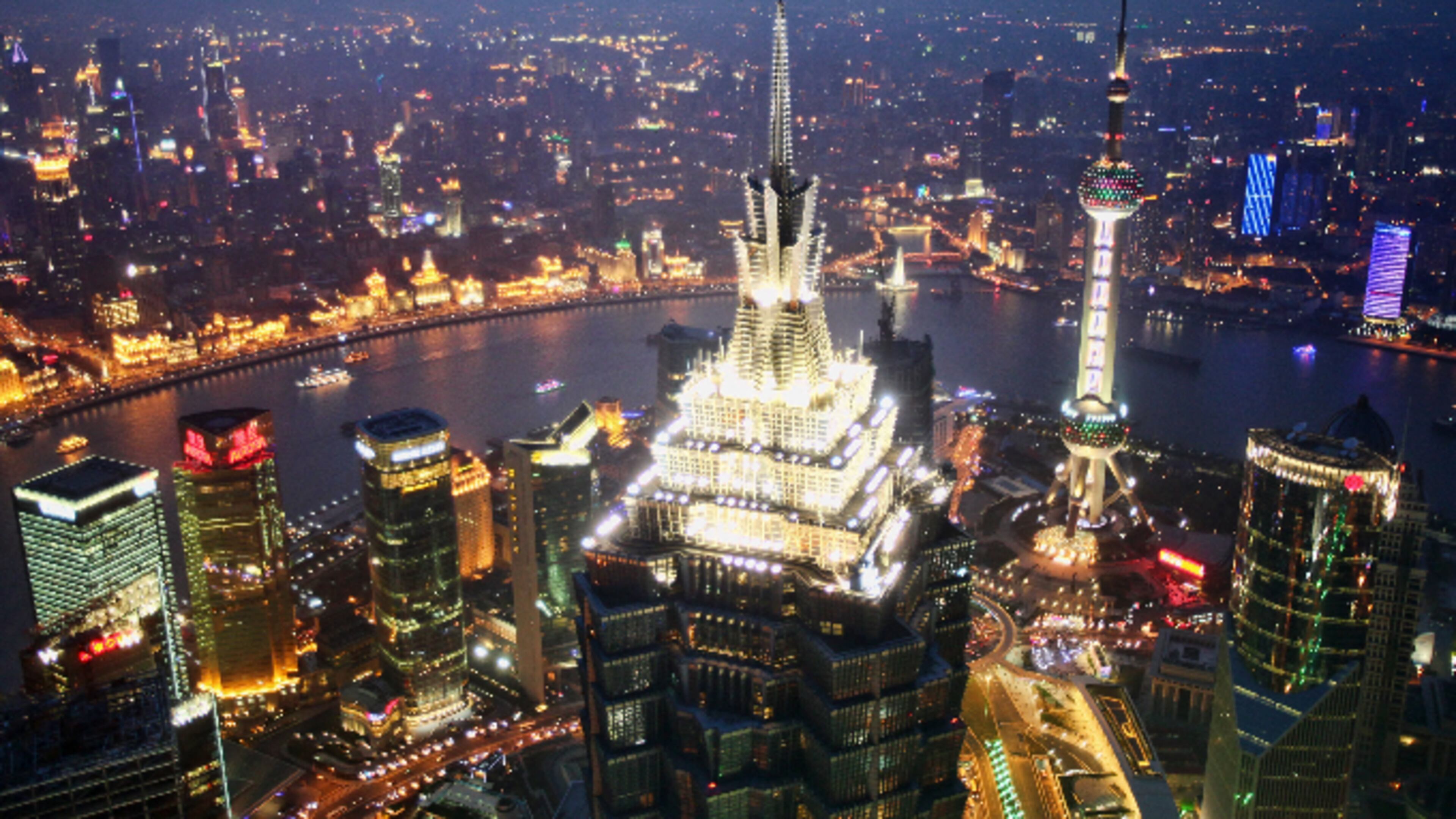 An elevated view of the Pudong Lujiazui Financial District at night on April 17, 2010 in Shanghai, China.