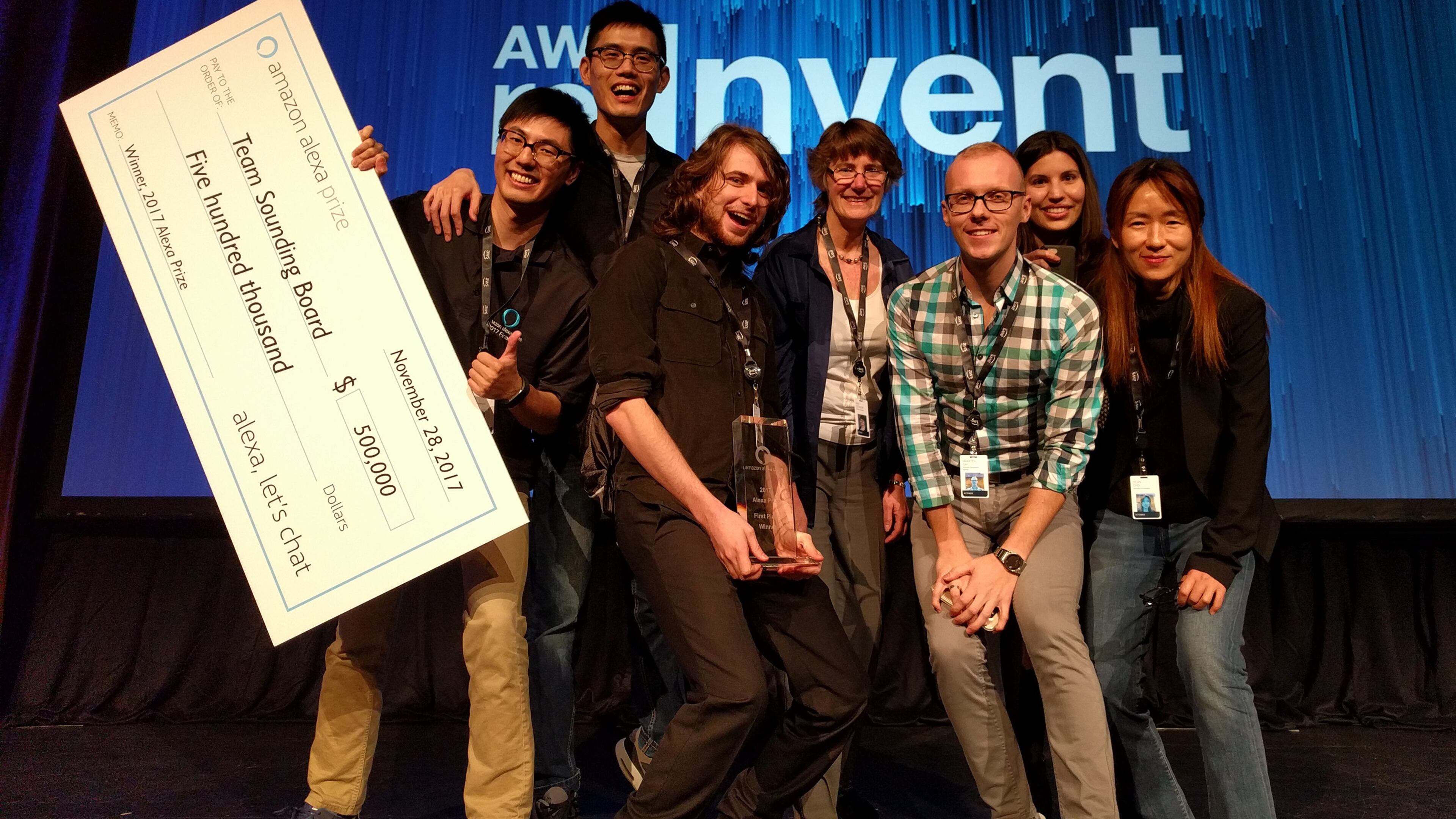 The UW Sounding Board team — from left, Hao Fang, Hao Cheng, Ari Holtzman, Mari Ostendorf, Maarten Sap, Elizabeth Clark, Yejin Choi — won Amazon’s inaugural Alexa Prize. (University of Washington)