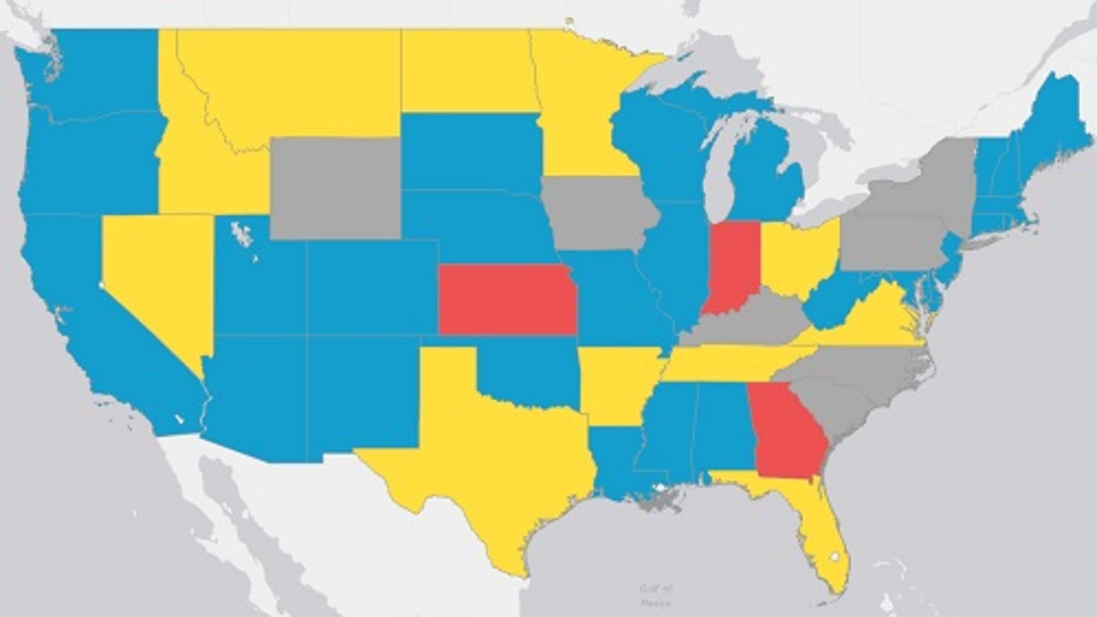 This color-coded map shows states that had significant technical issues in the first or second years of online assessments. Only four states -- in red -- experienced problems in their first and second year. Georgia is one of them. (Source: Tennessee Office of Research and Education Accountability.)