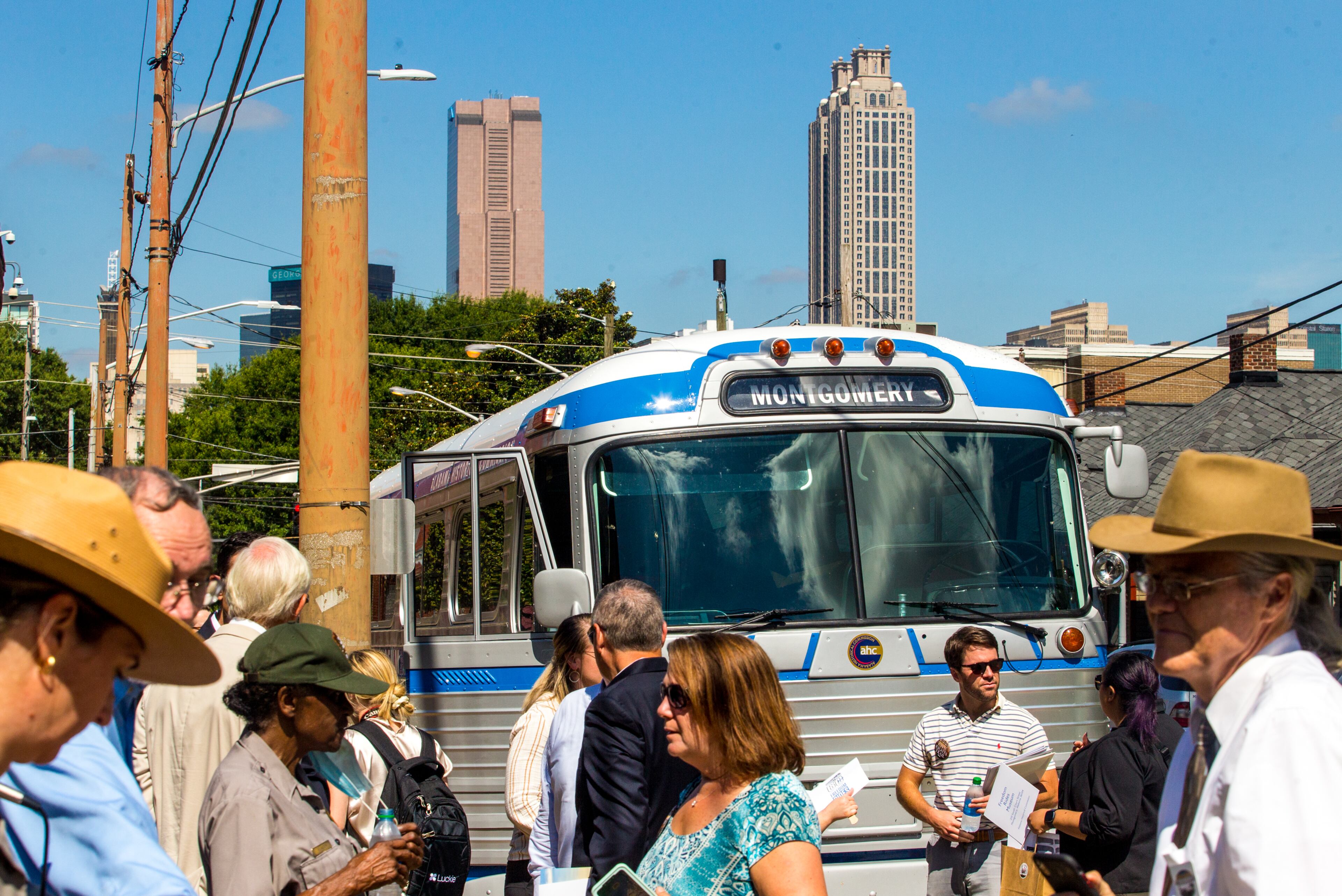 The restored, vintage replica of the Freedom Riders' 1961 transportation in on display Wednesday, June 23, 2021 on Auburn Ave. near MLK's childhood home. The exhibit is a mobile extension from the Freedom Rides Museum in Montgomery, AL and is now on tour. (Jenni Girtman for The Atlanta Journal-Constitution)