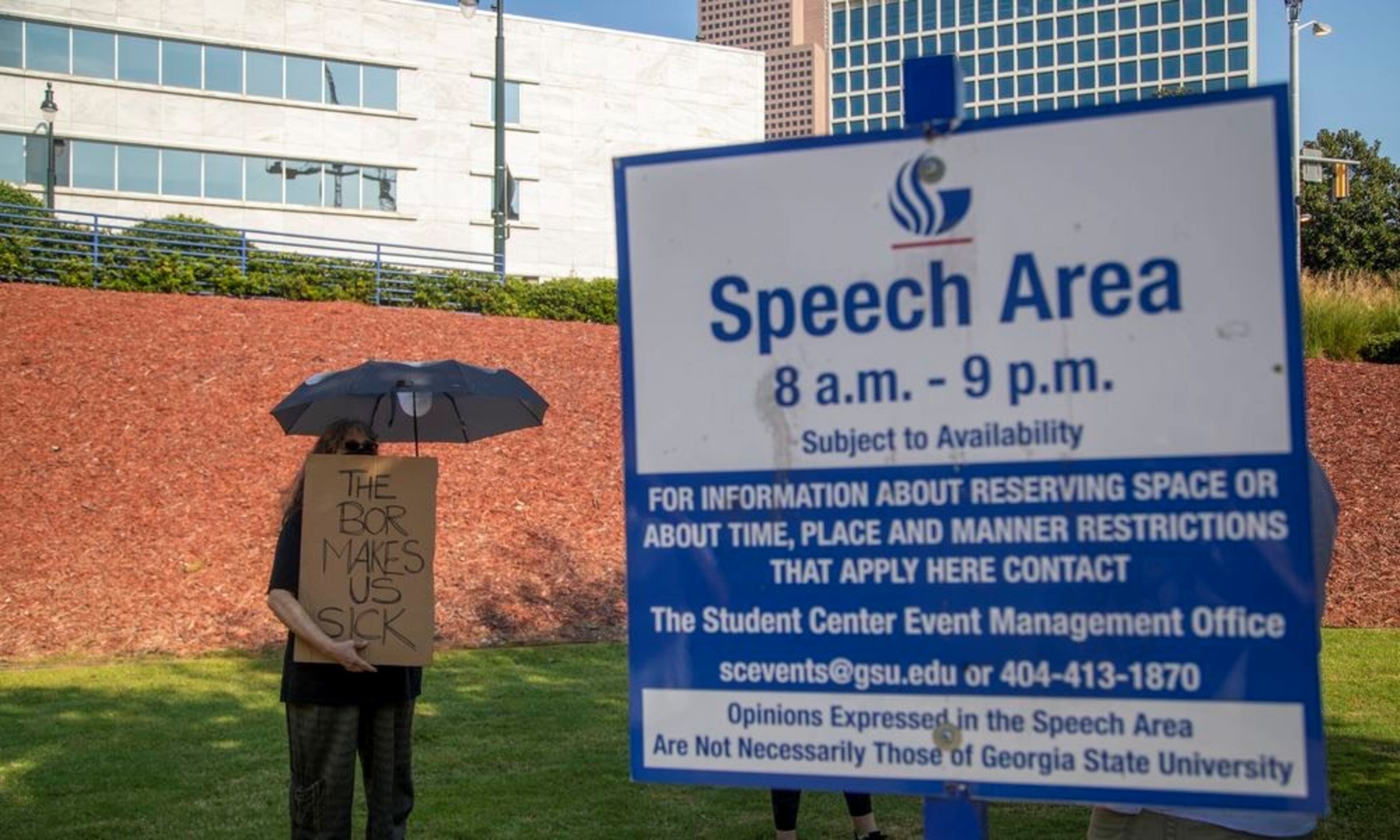 Georgia State University signage from 2021 depicts a speech zone. (Alyssa Pointer/AJC file photo)