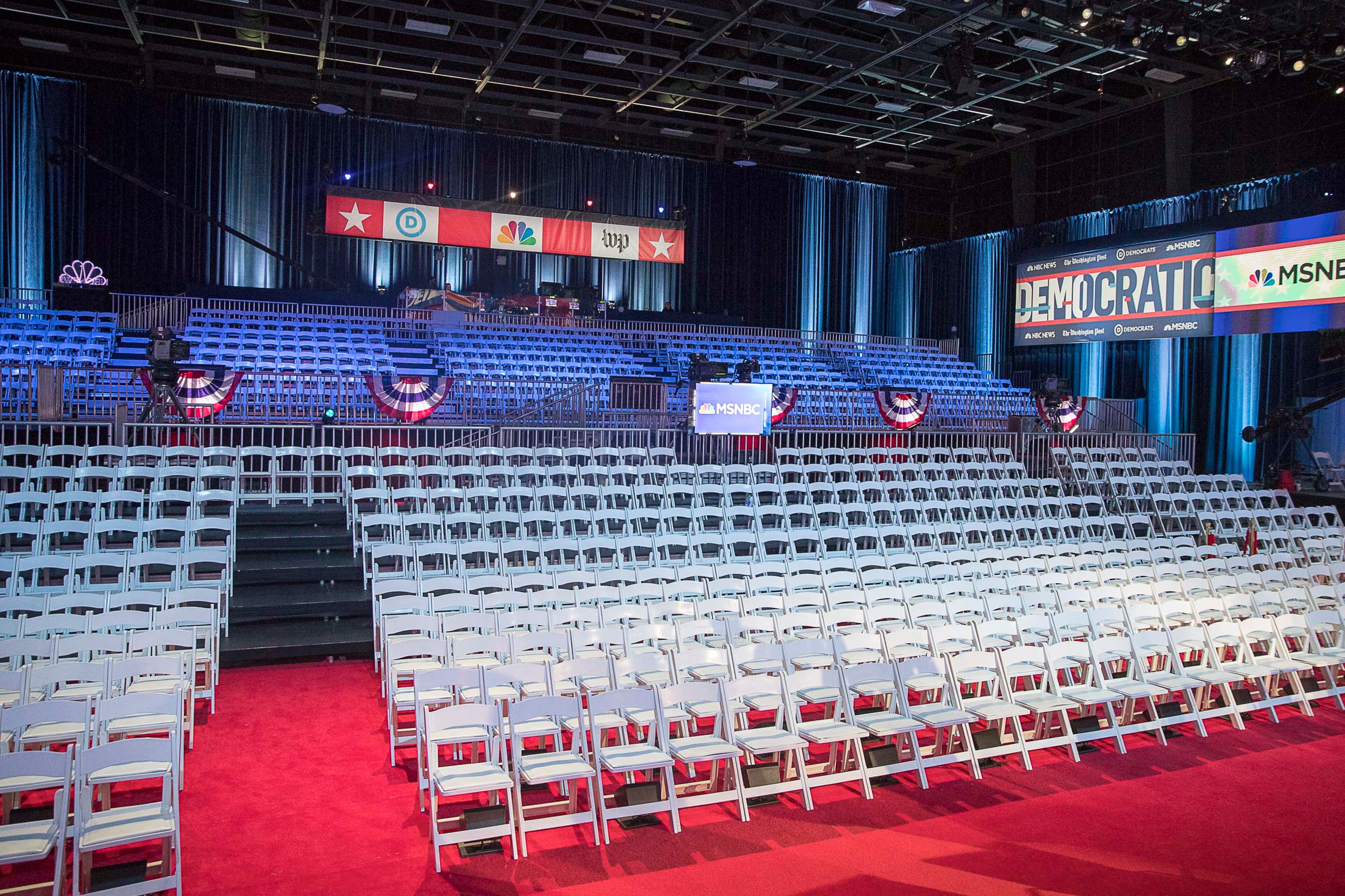 11/19/2019 -- Atlanta, Georgia -- More than 1,000 seats are prepared for audience members as crews continue to work on the final touches a day before the live televised MSNBC/The Washington Post Democratic Presidential debate inside the Oprah Winfrey Soundstage at Tyler Perry Studios in Atlanta, Tuesday, November 19, 2019. (Alyssa Pointer/Atlanta Journal Constitution)