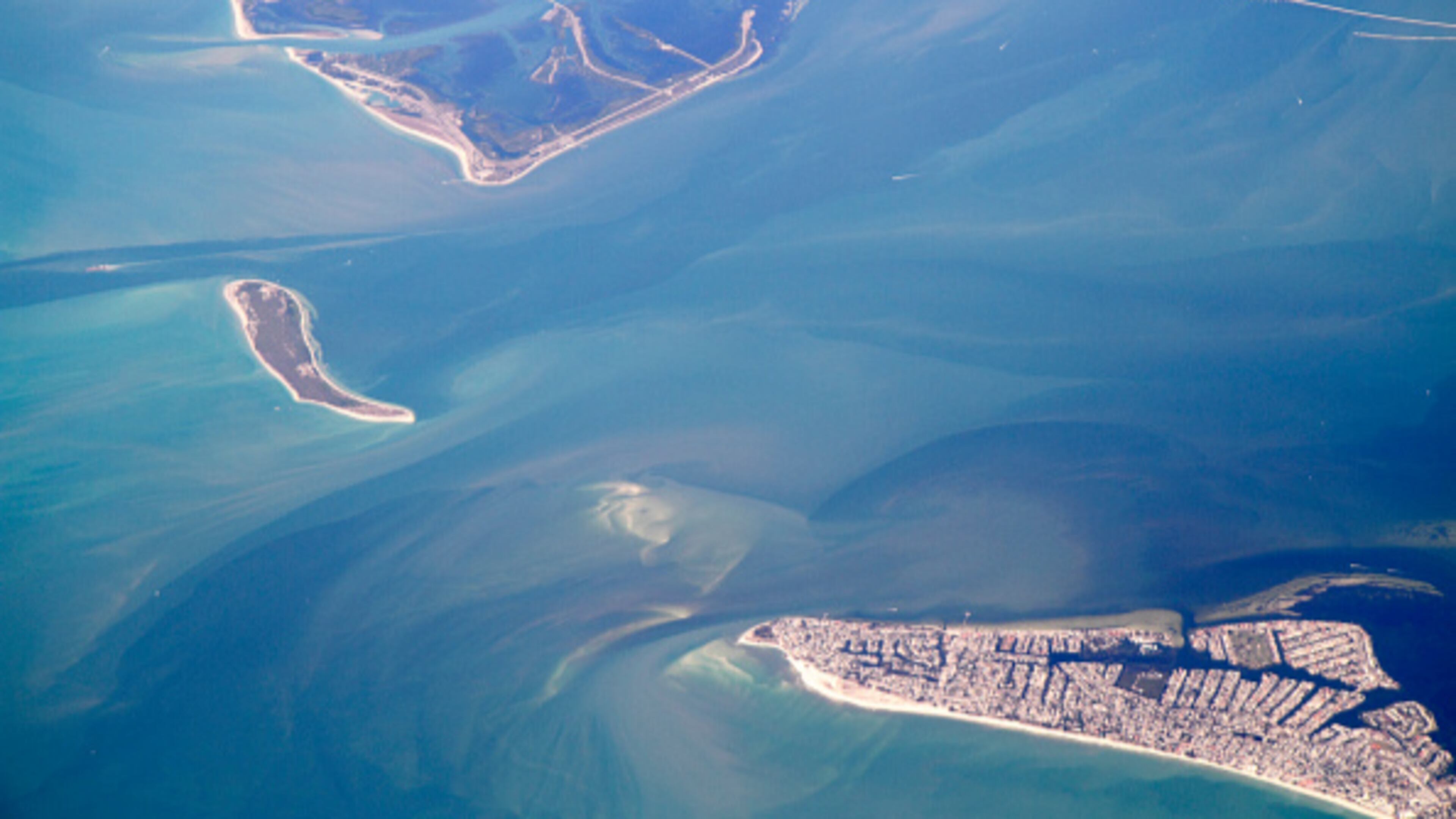 An aerial view of the Gulf of Mexico off the coast of Louisiana. Scientists believe a majority of the nitrogen and phosphorus pollution that causes dead zones in the Gulf flows down the Mississippi River.