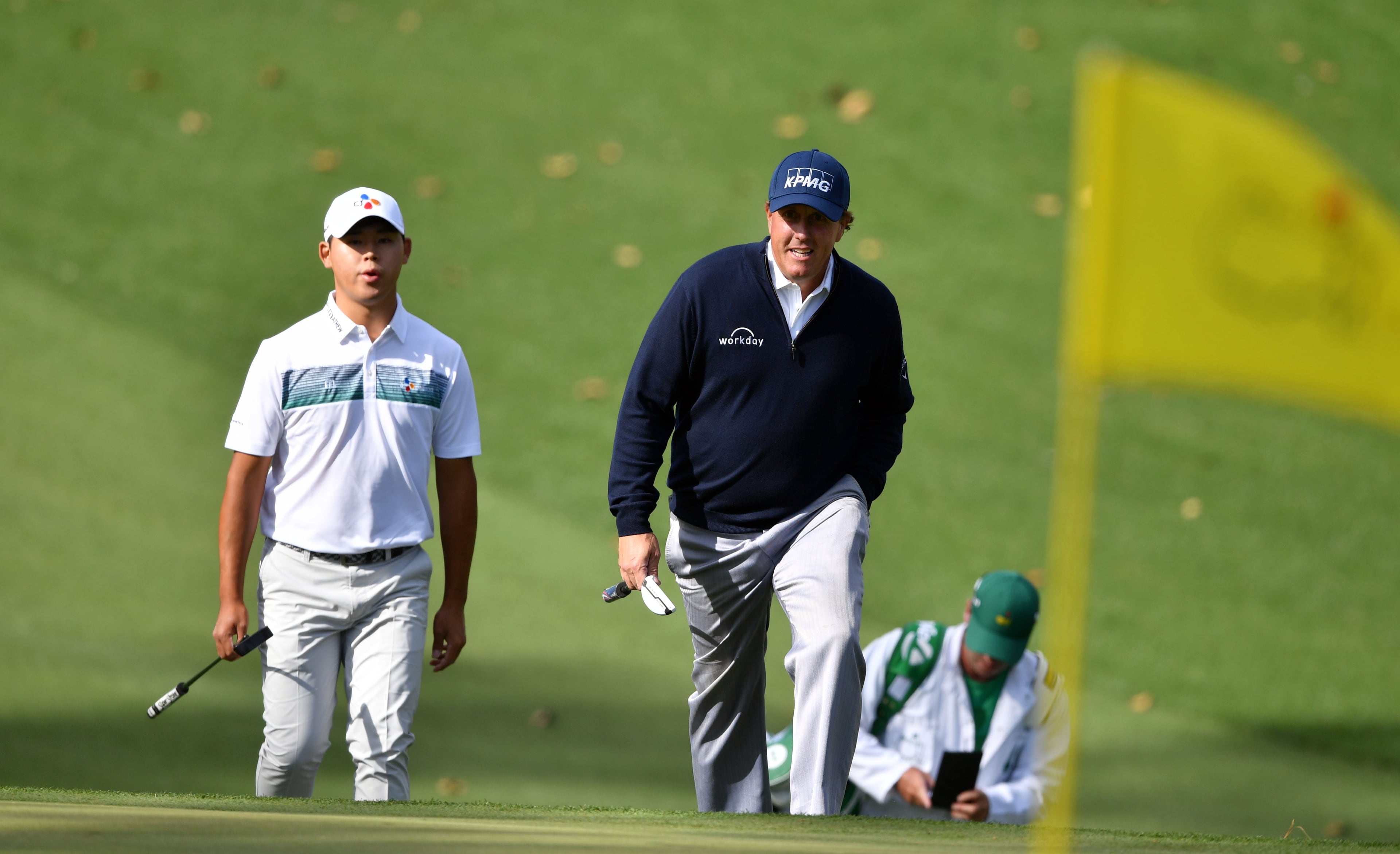 April 7, 2017 AUGUSTA Phil Mickelson (right) and Si Woo Kim walks to the green from the 10th fairway. Play begins in the second round of the 81st Masters tournament at the Augusta National Golf Club, Friday April 7, 2017. BRANT SANDERLIN / SPECIAL