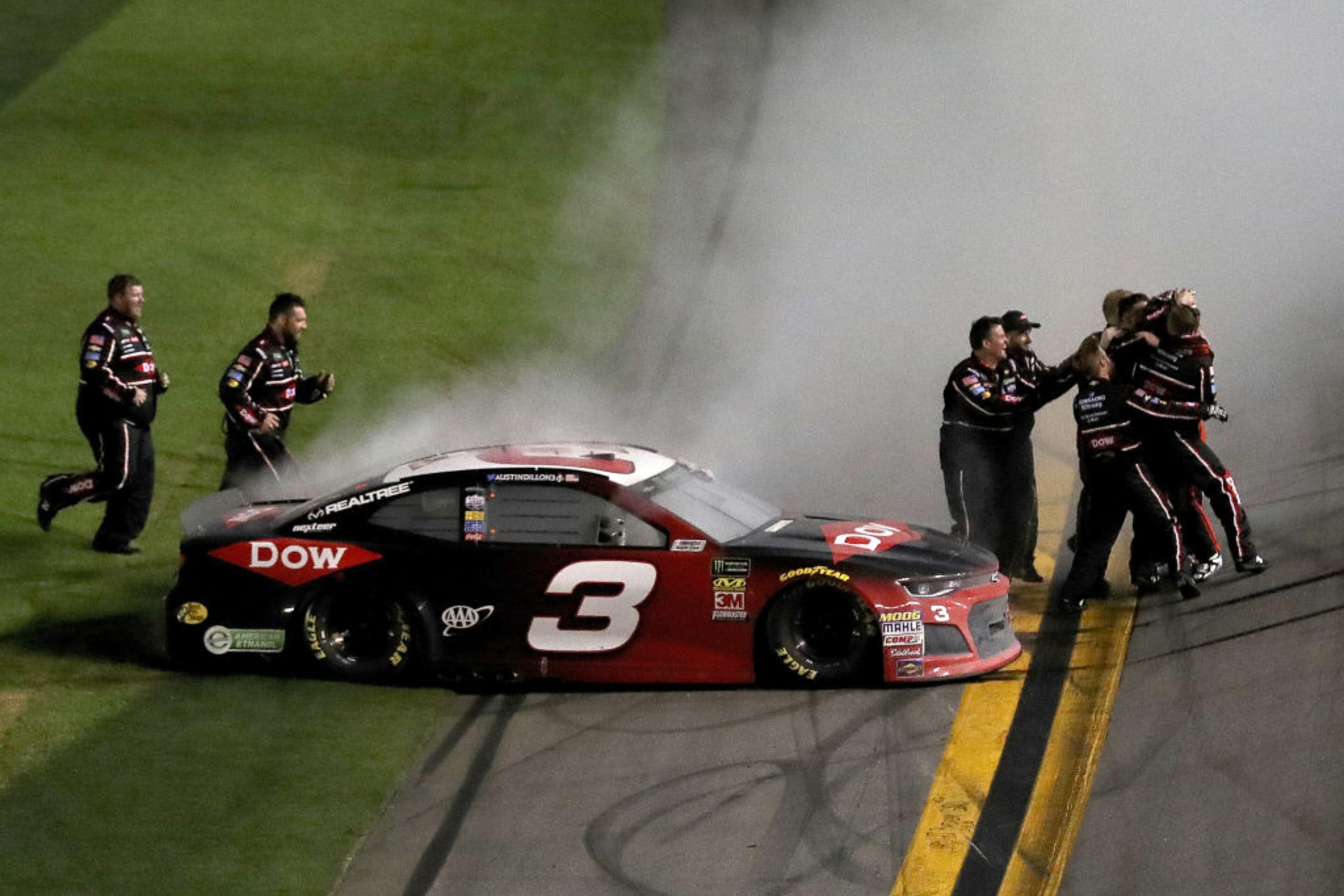 DAYTONA BEACH, FL - FEBRUARY 18: Austin Dillon, driver of the #3 DOW Chevrolet, and crew celebrate winning the Monster Energy NASCAR Cup Series 60th Annual Daytona 500 at Daytona International Speedway on February 18, 2018 in Daytona Beach, Florida. (Photo by Sean Gardner/Getty Images)