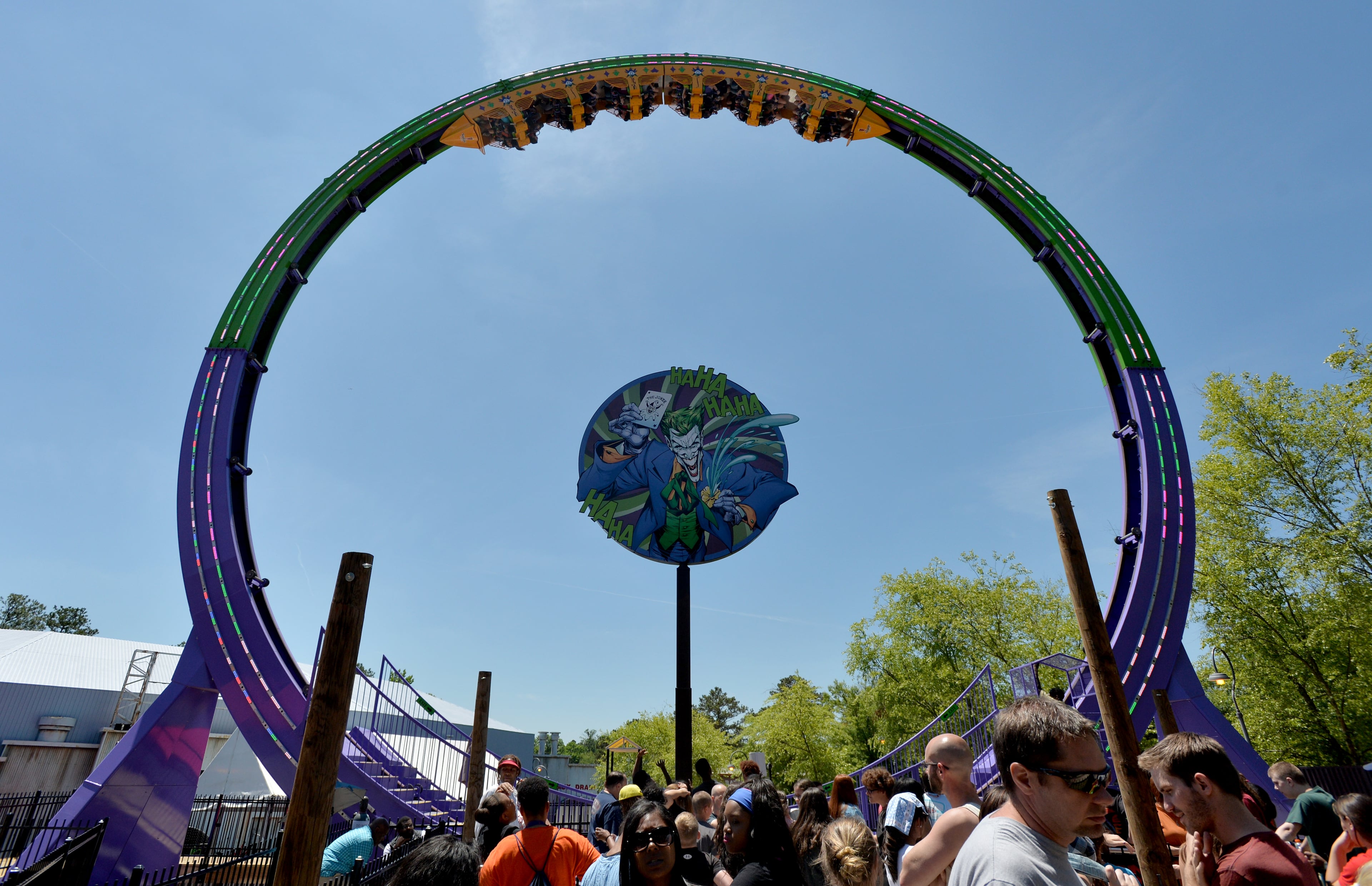 Six Flags Over Georgia at its 2015 season opening. Pictured: The Joker Chaos Coaster BRANT SANDERLIN/BSANDERLIN@AJC.COM
